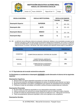 INSTITUCIÓN EDUCATIVA ALFEREZ REAL
MANUAL DE CONVIVENCIA ESCOLAR
Versión: 02 Fecha: 23/05/2014 Página 95 de 111 Código:
IE. ALFEREZ REAL – Manual De Convivencia – Popayán Cauca
Art. 188 La definición de los diferentes criterios de evaluación institucional, obedecen a las necesidades puntuales que se
requieren para llevar a cabo el mejor proceso de formación integral de los estudiantes, por lo tanto, la institución
educativa ALFEREZ REAL. A través del SIEE. Determina que los diferentes aspectos de la evaluación integral que
exige el artículo 12 numeral 1 del decreto 1290, serán valorados de la siguiente manera según su equivalencia:
DESEMPEÑO EQUIVALENCIA INSTITUCIONAL PORCENTAJE
COGNITIVO COMPETENCIAS BASICAS / CRITERIO DE CALIDAD
50%
PERSONAL COMPETENCIAS LABORALES /
CRITERIO DE RESPONSABILIDAD
25%
SOCIAL COMPETENCIAS CIUDADANAS /
CRITERIO DE TOLERANCIA
25%
Art 187 Equivalencias de la escala nacional de evaluación
Un Estudiante es considerado en desempeño SUPERIOR cuando demuestre el alcance de los siguientes
aspectos:
Desempeños Cognitivos.
 Alcanza todos los logros esperados propuestos en el plan de estudios del área.8
 No tiene que presentar estrategias pedagógicas de apoyo al estudiante para alcanzar sus logros.
 Desarrolla actividades curriculares y pedagógicas que superan las expectativas de los docentes.
 Participa en todas las actividades curriculares y extracurriculares programadas por institución.
Desempeños Personales.
 No tiene faltas de asistencia reportadas en sus desempeños personales y sociales.
 Valora y promueve con autonomía su propio desarrollo sin que en el área se le exija y requiera.
 Cumple con todos los requerimientos que le propone la institución en el Manual de convivencia.
 Tiene una presentación personal impecable y sirve como ejemplo a los compañeros.
Desempeños Sociales.
ESCALA NACIONAL ESCALA INSTITUCIONAL ESCALA EN RANGOS
Literales Rangos
Desempeño Superior SUPERIOR Su
4,6 – 5,0
Desempeño Alto ALTO Al 3,9 – 4,5
Desempeño Básico BÁSICO Bs
3,0 – 3,8
Desempeño Bajo BAJO Bj
1,0 – 2,9
 