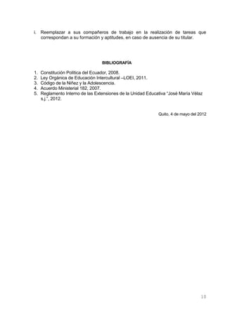 i. Reemplazar a sus compañeros de trabajo en la realización de tareas que
   correspondan a su formación y aptitudes, en caso de ausencia de su titular.




                                  BIBLIOGRAFÍA

1.   Constitución Política del Ecuador, 2008.
2.   Ley Orgánica de Educación Intercultural –LOEI, 2011.
3.   Código de la Niñez y la Adolescencia.
4.   Acuerdo Ministerial 182, 2007.
5.   Reglamento Interno de las Extensiones de la Unidad Educativa “José María Vélaz
     s.j.”, 2012.


                                                             Quito, 4 de mayo del 2012




                                                                                   10
 