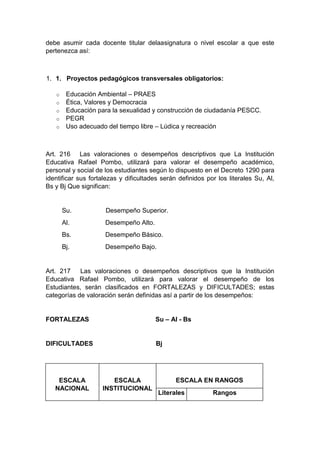 debe asumir cada docente titular delaasignatura o nivel escolar a que este pertenezca así: 1. 1. Proyectos pedagógicos transversales obligatorios: o Educación Ambiental – PRAES o Ética, Valores y Democracia o Educación para la sexualidad y construcción de ciudadanía PESCC. o PEGR o Uso adecuado del tiempo libre – Lúdica y recreación Art. 216 Las valoraciones o desempeños descriptivos que La Institución Educativa Rafael Pombo, utilizará para valorar el desempeño académico, personal y social de los estudiantes según lo dispuesto en el Decreto 1290 para identificar sus fortalezas y dificultades serán definidos por los literales Su, Al, Bs y Bj Que significan: Su. Desempeño Superior. Al. Desempeño Alto. Bs. Desempeño Básico. Bj. Desempeño Bajo. Art. 217 Las valoraciones o desempeños descriptivos que la Institución Educativa Rafael Pombo, utilizará para valorar el desempeño de los Estudiantes, serán clasificados en FORTALEZAS y DIFICULTADES; estas categorías de valoración serán definidas así a partir de los desempeños: FORTALEZAS Su – Al - Bs DIFICULTADES Bj ESCALA NACIONAL ESCALA INSTITUCIONAL ESCALA EN RANGOS Literales Rangos  