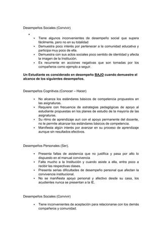 Desempeños Sociales (Convivir)   Tiene algunos inconvenientes de desempeño social que supera fácilmente, pero no en su totalidad  Demuestra poco interés por pertenecer a la comunidad educativa y participa muy poco de ella.  Demuestra con sus actos sociales poco sentido de identidad y afecta la imagen de la Institución.  Es recurrente en acciones negativas que son tomadas por los compañeros como ejemplo a seguir. Un Estudiante es considerado en desempeño BAJO cuando demuestre el alcance de los siguientes desempeños. Desempeños Cognitivos (Conocer – Hacer)  No alcanza los estándares básicos de competencia propuestos en las asignaturas.  Requiere con frecuencia de estrategias pedagógicas de apoyo al estudiante propuestas en los planes de estudio de la mayoría de las asignaturas.  Su ritmo de aprendizaje aun con el apoyo permanente del docente, no le permite alcanzar los estándares básicos de competencia.  Manifiesta algún interés por avanzar en su proceso de aprendizaje aunque sin resultados efectivos. Desempeños Personales (Ser).  Presenta faltas de asistencia que no justifica y pasa por alto lo dispuesto en el manual convivencia  Falta mucho a la Institución y cuando asiste a ella, entra poco a recibir las respectivas clases.  Presenta serias dificultades de desempeño personal que afectan la convivencia institucional.  No se manifiesta apoyo personal y afectivo desde su casa, los acudientes nunca se presentan a la IE. Desempeños Sociales (Convivir)  Tiene inconvenientes de aceptación para relacionarse con los demás compañeros y comunidad.  