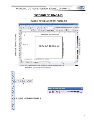 ENTORNO DE TRABAJO

                                  BARRA DE MENU DESPLEGABLES

                                                                BARRA DE HERRAMIENTAS ESTANDAR
BARRA DE HERRAMIENTAS




                                                 BARRA DE PROPIEDADES




                                                                                             PALETA DE COLORES
                                                                        BORDE DE PAGINA
                        REGLA
                                             AREA DE TRABAJO




                        VISUALIZADOR Y CLASIFICADOR DE PAGINA




                          BARRA DE ESTADO E INFORMACION




CAJA DE HERRAMIENTAS




                                                                                                                 28
 