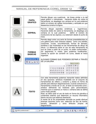Permite dibujar una cuadrícula de líneas similar a la del
          papel gráfico o milimetrado. Haciendo doble clic sobre la
 PAPEL
          herramienta, se despliega una ventana en la cual podemos
GRAFICO   definir el número de celdas horizontales y verticales en que
          deseemos construir la figura.

          Permite dibujar espirales simétricas y         logarítmicas.
          Haciendo doble clic sobre la herramienta, se despliega una
ESPIRAL   ventana en la cual podemos           definir el número de
          revolucione de las espiras y su extensión desde el punto de
          inicio
          Permite elegir entre una serie de formas preestablecidas en
          una galería para crear diversos objetos como una estrella,
          corazones, cruces, circunferencias, formas de llamado,
          similares a las mostradas en las herramientas de dibujo de
          oficce. La diferencia sobre el uso de esta herramienta es
          que se crean a partir de un punto, no están conformadas
FORMAS    por segmentos ni nodos, pero podemos modificarlas
          usando la opción de convertir en curva, desde el menú
BASICAS
          organizar.

          ALGUNAS FORMAS QUE PODEMOS DEFINIR A TRAVÉS
          DE LA GALERIA




          Con esta herramienta podemos transcribir textos definidos
          en dos opciones: artísticos modelable con el conjunto de
          herramientas de relleno y contorno y textos en forma de
          párrafo para efectuar diagramaciones. Cuando activamos la
          herramienta a través de un clic, el texto se transcribe como
          artístico definiendo los tiradores para personalizarlo,
          mientras que si creamos un marco o ventana este se define
TEXTO     como modo párrafo.
          Nota: se debe optar el uso de texto en forma de párrafos a
          contenidos extenso que determine un recurso informativo
          dentro recurso que estemos diseñando.
          A través de la de propiedades derivada se puede efectuar
          diversas opciones como son: selección de tipo de fuente,
          tamaño, alineación y otros atributos propios de
          diagramación.




                                                                   39
 