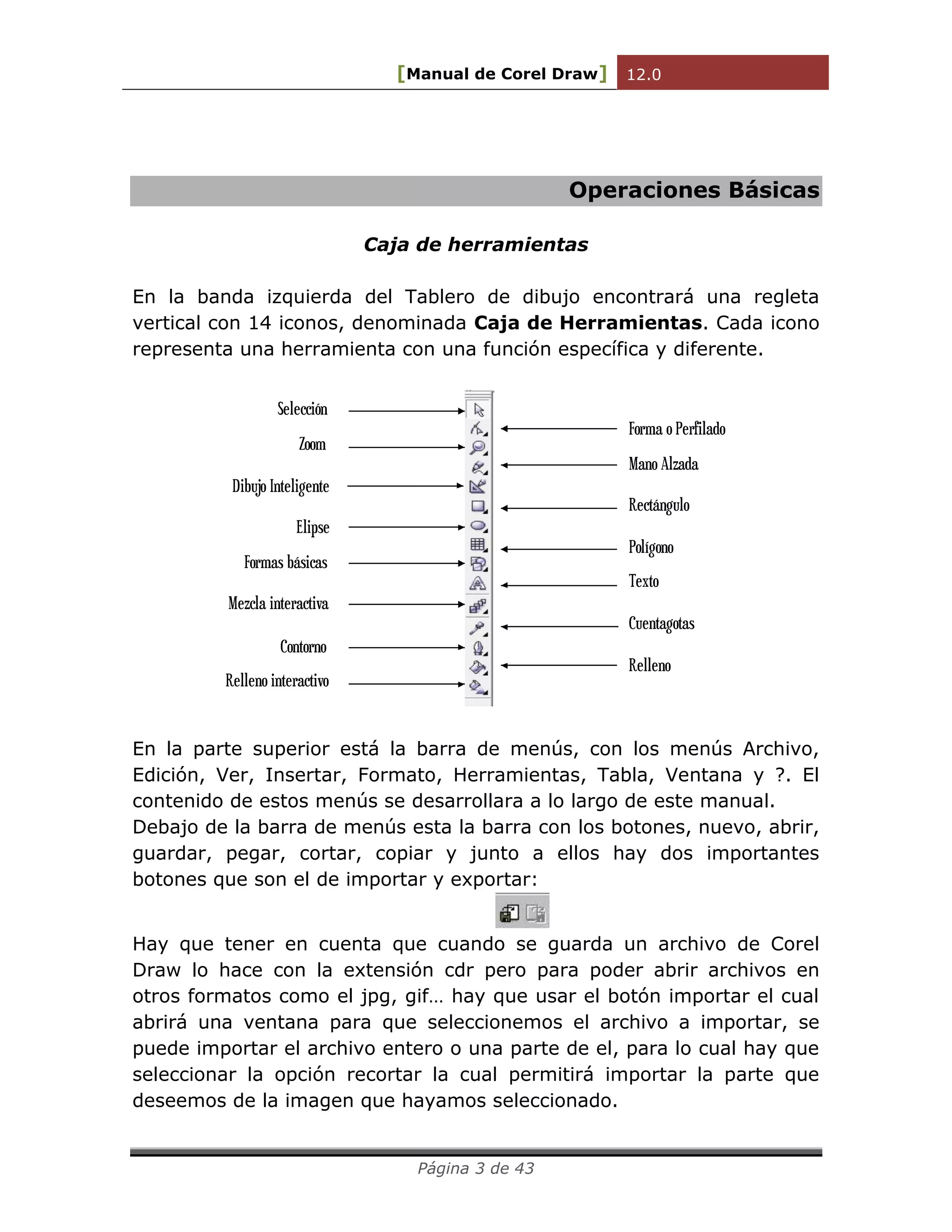 [Manual de Corel Draw] 12.0 
Página 3 de 43 
Operaciones Básicas 
Caja de herramientas 
En la banda izquierda del Tablero de dibujo encontrará una regleta 
vertical con 14 iconos, denominada Caja de Herramientas. Cada icono 
representa una herramienta con una función específica y diferente. 
Selección 
Forma o Perfilado 
Zoom 
Mano Alzada 
Dibujo Inteligente 
Rectángulo 
Elipse 
Polígono 
Formas básicas 
Texto 
Mezcla interactiva 
Cuentagotas 
Contorno 
Relleno 
Relleno interactivo 
En la parte superior está la barra de menús, con los menús Archivo, 
Edición, Ver, Insertar, Formato, Herramientas, Tabla, Ventana y ?. El 
contenido de estos menús se desarrollara a lo largo de este manual. 
Debajo de la barra de menús esta la barra con los botones, nuevo, abrir, 
guardar, pegar, cortar, copiar y junto a ellos hay dos importantes 
botones que son el de importar y exportar: 
Hay que tener en cuenta que cuando se guarda un archivo de Corel 
Draw lo hace con la extensión cdr pero para poder abrir archivos en 
otros formatos como el jpg, gif… hay que usar el botón importar el cual 
abrirá una ventana para que seleccionemos el archivo a importar, se 
puede importar el archivo entero o una parte de el, para lo cual hay que 
seleccionar la opción recortar la cual permitirá importar la parte que 
deseemos de la imagen que hayamos seleccionado. 
 