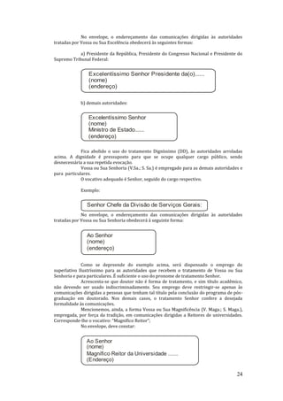 24
No envelope, o endereçamento das comunicações dirigidas às autoridades
tratadas por Vossa ou Sua Excelência obedecerá às seguintes formas:
a) Presidente da República, Presidente do Congresso Nacional e Presidente do
Supremo Tribunal Federal:
Excelentíssimo Senhor Presidente da(o)......
(nome)
(endereço)
b) demais autoridades:
Excelentíssimo Senhor
(nome)
Ministro de Estado......
(endereço)
Fica abolido o uso do tratamento Digníssimo (DD), às autoridades arroladas
acima. A dignidade é pressuposto para que se ocupe qualquer cargo público, sendo
desnecessária a sua repetida evocação.
Vossa ou Sua Senhoria (V.Sa.; S. Sa.) é empregado para as demais autoridades e
para particulares.
O vocativo adequado é Senhor, seguido do cargo respectivo.
Exemplo:
Senhor Chefe da Divisão de Serviços Gerais:
No envelope, o endereçamento das comunicações dirigidas às autoridades
tratadas por Vossa ou Sua Senhoria obedecerá à seguinte forma:
Ao Senhor
(nome)
(endereço)
Como se depreende do exemplo acima, será dispensado o emprego do
superlativo Ilustríssimo para as autoridades que recebem o tratamento de Vossa ou Sua
Senhoria e para particulares. É suficiente o uso do pronome de tratamento Senhor.
Acrescenta-se que doutor não é forma de tratamento, e sim título acadêmico,
não devendo ser usado indiscriminadamente. Seu emprego deve restringir-se apenas às
comunicações dirigidas a pessoas que tenham tal título pela conclusão do programa de pós-
graduação em doutorado. Nos demais casos, o tratamento Senhor confere a desejada
formalidade às comunicações.
Mencionemos, ainda, a forma Vossa ou Sua Magnificência (V. Maga.; S. Maga.),
empregada, por força da tradição, em comunicações dirigidas a Reitores de universidades.
Corresponde-lhe o vocativo: “Magnífico Reitor”;
No envelope, deve constar:
Ao Senhor
(nome)
Magnífico Reitor da Universidade .......
(Endereço)
 