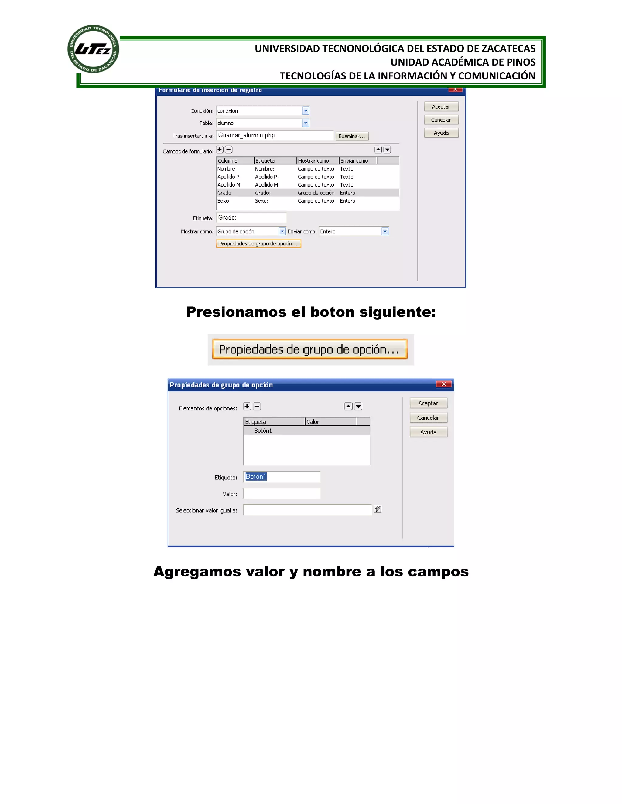 UNIVERSIDAD TECNONOLÓGICA DEL ESTADO DE ZACATECAS
UNIDAD ACADÉMICA DE PINOS
TECNOLOGÍAS DE LA INFORMACIÓN Y COMUNICACIÓN

Presionamos el boton siguiente:

Agregamos valor y nombre a los campos

 