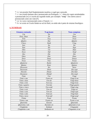 * / n / e final freqüentemente nasaliza a vogal que o precede.
* / r itiano não é pronun guês / r /. Antes de dadas
é pronunciado [w] e é escrito do segund xemplo: “wouj”. Em outros casos é
pron
* / æ / às vezes é pronunciado como o
* / h / s o Creole falado no sul d então não é parte do s ico.
6. NUMERAIS
m posição
/ em crioulo ha ciado em Portu vogais arredon
o modo, por e
unciado como um velar [F].
Francês / z /.
ó existe n o Haiti; ou istema fonológ
Estamos contando N-ap konte Nous comptons
Um En Um
Dois, Duas De Deux
Três Twa Trois
Quatro Kat Quatre
Cinco Senk Cinq
Seis Sis Six
Sete Sèt Sept
Oito Uit Huit
Nove Nèf Neuf
Dez Dis Dix
Onze Onz Onze
Doze Douz Douze
Treze Trèz Treize
Quatorze Katòz Quatorze
Quinze Kenz Quinze
Dezesseis Sèz Seize
Dezessete Disèt Dix-sept
Dezoito Dizuit Dix-huit
Dezenove Diznèf Dix-neuf
Vinte Ven Vingt
Vinte e um Vente-en Vingt et un
Vinte e dois Ven-de Vingt-deux
Vinte e três Ven-twa Vingt-trois
Vinte e quatro Ven-kat Vingt-quatre
Vinte e cinco Ven-senk Vingt-cinq
Vinte e seis Ven-sis Vingt-six
Vinte e sete Ven-sèt Vingt-sept
Vinte e oito Vent-uit Vingt-huit
Vinte e nove Vent-nèf Vingt-neuf
Trinta Trant Trente
Trinta e um Trante-en Trente et un
Quarenta Karant Quarante
Quarenta e um Karante-en Quarante et un
Cinqüenta Senkant Cinquante
20
Cinqüenta e um Senkante-en Cinquante et un
 
