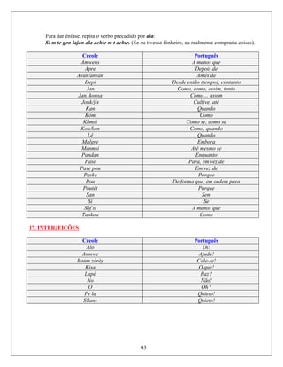 Para dar ênfase, repita o verbo precedido por ala:
Si m te g te m t achte. se dinheiro, eu realme ).en lajan ala ach (Se eu tives nte compraria coisas
Creole Português
Amwens A menos que
Apre Depois de
Avan/anvan Antes de
Depi Desde então (t toempo), contan
Jan Como, como, assim, tanto
Jan..konsa Como… assim
Jouk/jis Cultive, até
Kan Quando
Kòm Como
Kòmsi Como se, como se
Kou/kon Como, quando
Lê Quando
Malgre Embora
Menmsi Até mesmo se
Pandan Enquanto
Pase Para, em vez de
Pase pou Em vez de
Paske Porque
Pou De forma que, em ordem para
Poutèt Porque
San Sem
Si Se
Sòf si A menos que
Tankou Como
7. INTERJEIÇÕES1
Creole Português
Alo Oi!
Anmwe Ajuda!
Banm zòrèy Cale-se!
Kisa O que!
Lapè Paz !
No Não!
O Oh !
Pe la Quieto!
Silans Quieto!
43
 