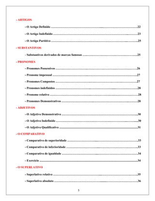 - ARTIGOS
Indefinido ………………………………………………………………...………23
- Comparativo de superioridade ………………………....………………………………….33
- O Artigo Definido ………………………………………….....…………………………….22
- O Artigo
- O Artigo Partitivo ……………………………………….………………………...………..25
- SUBSTANTIVOS
- Substantivos derivados de marcas famosas …..…………………………………………..25
- PRONOMES
- Pronomes Possessivos …………………………..………………………………………….26
- Pronome impessoal ……………………………..………………………………………….27
- Pronomes Compostos …………………………….………………….…………………….27
- Pronomes indefinidos ……………………………..………………….....………………….28
- Pronome relativo …………………………………..………………….….…………………28
mes Demonstrativos …………………………..……………………………..………28- Prono
- ADJETIVOS
- O Adjetivo Demonstrativo ………………………….……………………………………...30
- O Adjetivo Indefinido ……………………………….…………….……………....……......30
- O Adjetivo Qualificativo .......................................................................................................31
- O COMPARATIVO
- Comparativo de inferioridade …………………………....………………………………..33
- Comparativo de igualdade ……………………………....…………………………………34
- Exercício .................................................................................................................................34
- O SUPERLATIVO
- Superlativo relativo ………………………………………....……………………….……..35
5
- Superlativo absoluto ……………………………………….........………………………….36
 