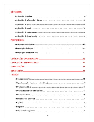 - ADVÉRBIOS
- PREPOSIÇÕES
Preposições de Lugar ………………………………………………………………………41
Preposições de Modo/Causa ...………………………………………………………….….41
- CON
..................................................................................................43
- Orações Transitivas/Intransitivas..………………………………………………….……..48
- Orações relativas ....………………………………………………………………………...48
- Subordinação temporal ...………………………………………………………………….48
s ……………………………………………………………….……49
- Advérbios Especiais ..……………….……………………………………………………....36
- Advérbios de afirmação e dúvida ….…………………………………………………....…37
- Advérbios de lugar ……….…………………………………………………………....……37
- Advérbios de modo ……….……………………………………………………………...…38
- Advérbios de quantidade .……………………………………………………………….....38
- Advérbios de interrogação …………………………………………………………….......39
- Preposições de Tempo …..……………………………………………………………..…. 40
-
-
- CONJUNÇÕES COORDENADAS ................................................................................................42
JUNÇÕES SUBORDINADAS ...............................................................................................42
- INTERJEIÇÕES ............................
- DIMINUTIVO ..................................................................................................................................44
- VERBOS
- Conjugação verbal ....………………………………………………………………………45
- Tipos de orações (verbo ser, estar, ficar) ....……………………………………………….47
- Orações transitivas ....………………………………………………………………………48
- Negativa ........………………………………………………………………………………..49
- Perguntas ……………………………………………………………………………………49
6
- Palavras Interrogativa
 
