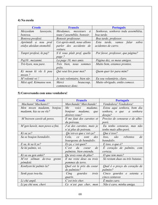 4) Na escola
Creole Francês Português
Mesyedam lasosyete,
bonswa.
Mesdames, messieurs à
toute l´assemblée, bonsoir.
Senhoras, senhores toda assembléia,
boa tarde.
Bonswa pwofesè. Bonsoir professeur. Boa tarde, professor.
Aprèmidi a nou pral
etidye aksidan otomobil.
C llonset après-midi, nous a
parler des accidents de
vo
Es sobreta tarde, vamos falar
aci
iture.
dentes de carro.
Tanpri profesè, ki paj? S´il vous plaît prof, quelle
page ?
Por favor, professor, que página?
Paj10 , mezanmi. La page 10, mes amis. Página dez, os meus amigos.
Trè-byen, nou pare. Très bien, nous sommes
pr
Mu prontos.ito bem, estamos
êts.
Ki moun ki vle li pou Qui veut lire pour moi?
mwen ?
Quem quer ler para mim?
M´volontè wi ! Je sûr.suis volontaire, bien Eu sou voluntário, claro.
Mèsi apil. Kòmanse non. M eaucoup,erci b
commencez donc.
Muito obrigado, então comece.
5) Conversando com uma vendedora!
Creole Francês Português
Machann! Machann1! Marchande! Marchande! Vendedora! Vendedora!
Men mwen madanm, bonjou
madanm, kia sa ou vle?
Me voici madame,
bonjour madame, que
désirez-vous?
Estou aqui senhora, bom dia
senhora, o que a senhora
deseja?
M´bezwen cawòt ak powo. Il me faut des carottes et
du poireau.
Preciso de cenouras e de alho-
poró.
M´gen kawòt, men powo a fini. J´ai des carottes, mais je
n´ai plus de poireau.
Eu tenho cenouras, mas não
tenho mais alho-poró.
Ki sa ye? Qu´est-ce que c´est ça? Que é isso?
Sa se boujon benndoliv. Cela, ce sont des
bourgeons de benndoliv.
Isso, são rebentos de
benndoliv.
E sa, ki sa li ye? Et ça, c´est quoi? E isso, o que é?
Se kè palmis, wi. C´est du coeur de
palmiste, bien entendu.
É coração de palmito, com
certeza.
Ki sa ou gen ankò? Qu´avez-vous de plus? O que tem mais?
M´ret sèlman de-twa grenn
pòmdetè.
Il me reste deux ou trois
pommes de terre.
Só restam duas ou três batatas.
Konbyen kè palmis la? Quel est le prix du coeur
de palmiste?
Qual é o preço do coração de
palmito?
Senk pyas twa-ka. Cinq gourdes trois
quarts.
Cinco gourdes e setenta e
68
cinco centavos
Li chè anpil. C´est très cher. É muito caro.
Li pa chè non, cheri Ce n´est pas cher, mon Não é caro, minha amiga.
 