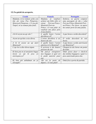 13) No guichê do aeroporto.
Creole Francês Português
Madanm, m´ta renmen achte yon
t u Pou s-
Ma voudrad jeame, is
ike ale reto Pòtopren ac llet alleheter um bi r et
Monreyal-P toprens, s´il vou plè.ò retour Port-au-Prince-
Mo rt-au-Tanpri m´ta renmen, plas fenèt. ntréal-Po
Prin ous plaîtce, s´il v . Je
voudrais une place près
d´une re.fenêt
Senhora, eu prarq comueria
uma passage e voltam de ida
Port-au-Prince-Montréal-Port-
au-Prince; P queroor favor, eu
me sentar perto de uma janela.
A na ap voki lè avyon le ? A ure l´aviquelle he on
décollera-t-il?
A que horas o avião descolará?
Avy p kite a sizeon an a diswa. L´av collera àion dé six
heures du soir.
O avião descolará às seis
horas.
A ki lè avyon an ap ateri
Monreyal?
A quelle heure l´avion
a ontrétterira-t-il à M al?
A que horas o avião aterrissará
em Montréral?
L´ap rive a dize diswa tapan. Il dix heuresarrivera à
précises du soir.
Chegará às dez horas em ponto
da noite.
Ki kote pou m al anrejistre bagay
mwen yo epi ki pwa yo
otorizepou yo?
O nregisù puis-je e trer
mes et quebagages l est
le utorisé ppoids a our
eux.
Onde posso f check-inazer o
das minhas bagag s e qual é oen
peso autoriza s.do para ela
Ki kote pòt anbakman an ye
silvouplè?
Où est la porte de
départ, s´il vous plaît?
Onde fica a po rtida.rta da pa
74
 