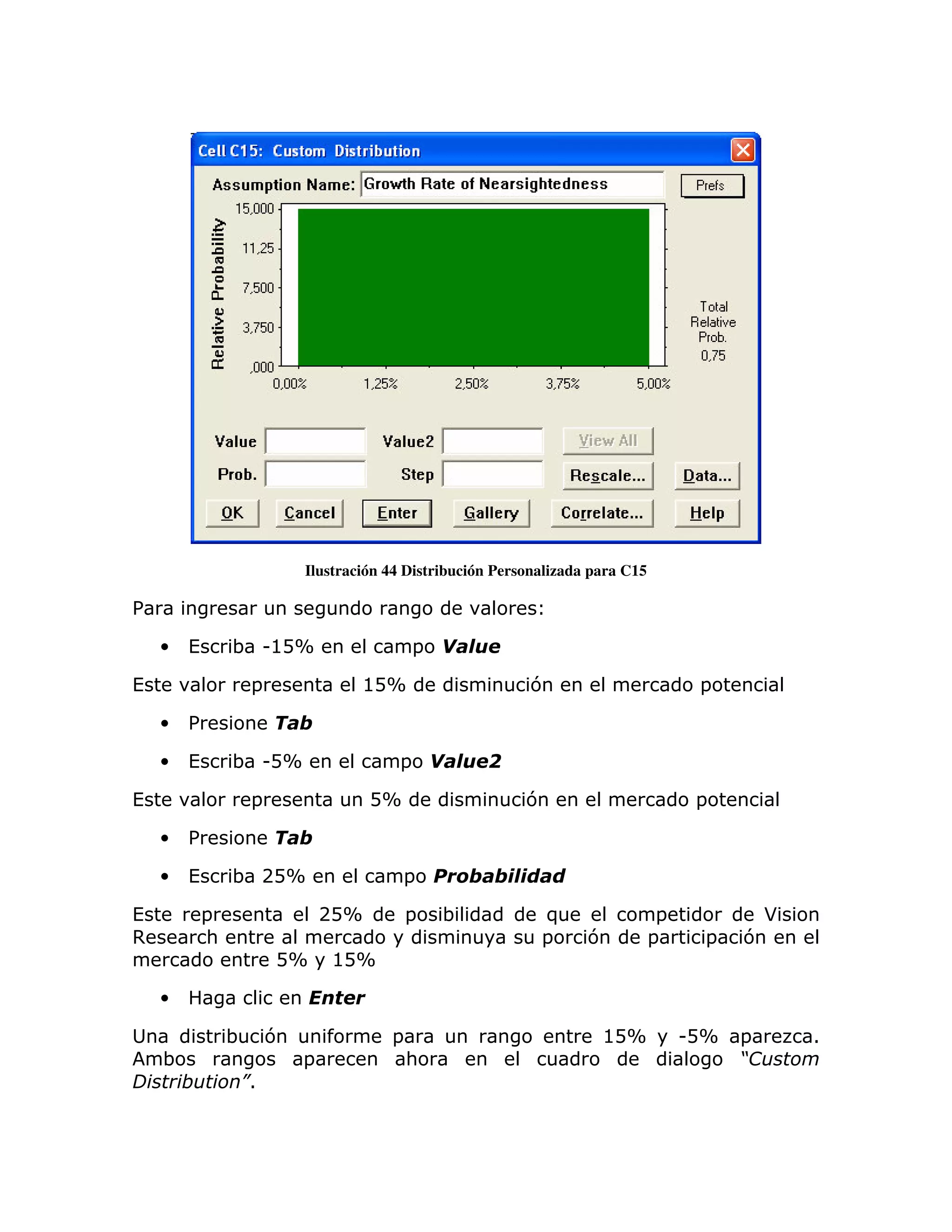 Ilustración 44 Distribución Personalizada para C15

%

    •   (       ; U@DX                       =

(                   =               @DX                     7                          =

    •   %

    •   (       ; UDX                    =

(                   =                 DX                    7                          =

    •   %

    •   (       ; 2DX                      =

(           =                   2DX         =    ;            )                   =             *
,           :                                                 =      7           =      =   7
                        DX      @DX

    •

                ;       7               =                              @DX            UDX   =       1
    ;                       =               :                                               *
        $       +
                1
 