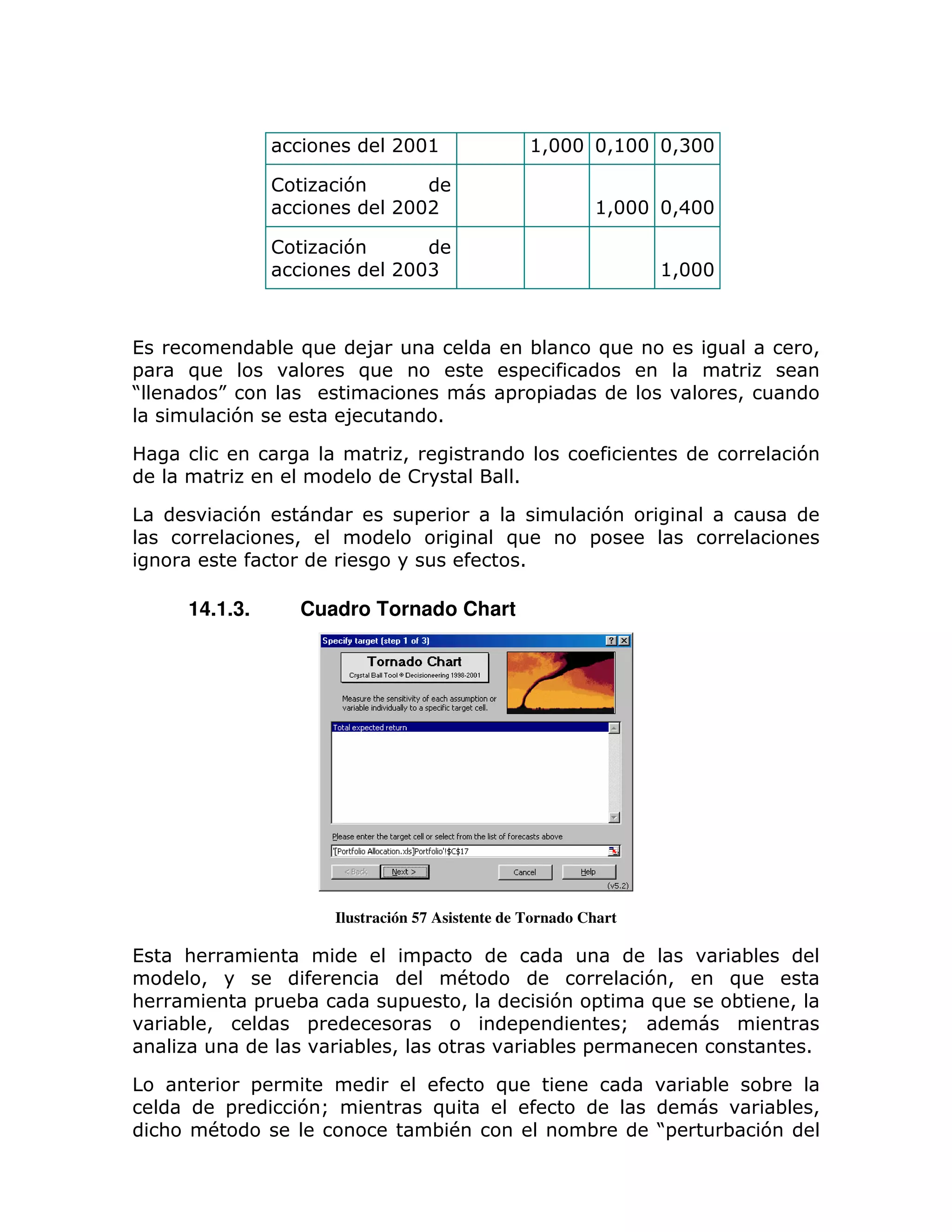 233@                     @>333 3>@33 3>B33

                         !         7
                                          2332                                 @>333 3>433

                         !         7
                                          233B                                          @>333



(                        ; )         8                             ;           )                              >
=       )                            )                         =
J               K                                          =       =                            >
                 7                 8               1

                                              >                                                           7
                                               !            1

                     7                         =                            7
                             >                             )               =
                                                            1

        14.1.3.              Cuadro Tornado Chart




                                  Ilustración 57 Asistente de Tornado Chart

(       :                                      =                                                 ;
            >                                          #                               7>       )
:                    =       ;             =           >               7   =           )        ;     >
        ; >                   =                                =                   Q
                                    ;     >                        ;       =                              1

                     =                                     )                                ;        ;
                 =           7Q                    )                                                  ;       >
    :           #                                  ;#                      ;           J
                                                                                       =        ;    7
 