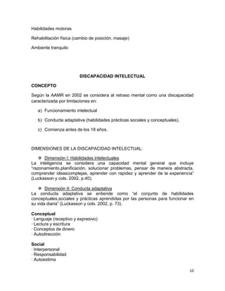 Habilidades motoras

Rehabilitación física (cambio de posición, masaje)

Ambiente tranquilo




                        DISCAPACIDAD INTELECTUAL

CONCEPTO

Según la AAMR en 2002 se considera al retraso mental como una discapacidad
caracterizada por limitaciones en:

   a) Funcionamiento intelectual

   b) Conducta adaptativa (habilidades prácticas sociales y conceptuales).

   c) Comienza antes de los 18 años.



DIMENSIONES DE LA DISCAPACIDAD INTELECTUAL:

     Dimensión I: Habilidades intelectuales
La inteligencia se considera una capacidad mental general que incluye
“razonamiento,planificación, solucionar problemas, pensar de manera abstracta,
comprender ideascomplejas, aprender con rapidez y aprender de la experiencia”
(Luckasson y cols. 2002, p.40).

    Dimensión II: Conducta adaptativa
La conducta adaptativa se entiende como “el conjunto de habilidades
conceptuales,sociales y prácticas aprendidas por las personas para funcionar en
su vida diaria” (Luckasson y cols. 2002, p. 73).

Conceptual
· Lenguaje (receptivo y expresivo)
· Lectura y escritura
· Conceptos de dinero
· Autodirección

Social
· Interpersonal
· Responsabilidad
· Autoestima

                                                                             10
 