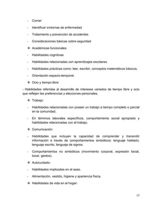 -   Comer

   -   Identificar síntomas de enfermedad

   -   Tratamiento y prevención de accidentes

   -   Consideraciones básicas sobre seguridad

    Académicas funcionales:

   -   Habilidades cognitivas

   -   Habilidades relacionadas con aprendizajes escolares.

   -   Habilidades prácticas como: leer, escribir, conceptos matemáticos básicos.

   -   Orientación espacio-temporal.

    Ocio y tiempo libre:

- Habilidades referidas al desarrollo de intereses variados de tiempo libre y ocio
que reflejen las preferencias y elecciones personales.

    Trabajo:

   -   Habilidades relacionadas con poseer un trabajo a tiempo completo o parcial
       en la comunidad.

   -   En términos laborales específicos, comportamiento social apropiado y
       habilidades relacionadas con el trabajo.

    Comunicación:

   -   Habilidades que incluyen la capacidad de comprender y transmitir
       información a través de comportamientos simbólicos: lenguaje hablado,
       lenguaje escrito, lenguaje de signos.

   -   Comportamientos no simbólicos (movimiento corporal, expresión facial,
       tocar, gestos).

    Autocuidado:

   -   Habilidades implicadas en el aseo.

   -   Alimentación, vestido, higiene y apariencia física.

    Habilidades de vida en el hogar:


                                                                                17
 