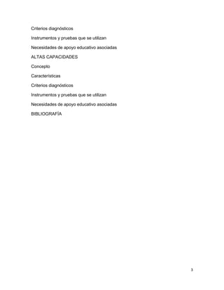 Criterios diagnósticos

Instrumentos y pruebas que se utilizan

Necesidades de apoyo educativo asociadas

ALTAS CAPACIDADES

Concepto

Características

Criterios diagnósticos

Instrumentos y pruebas que se utilizan

Necesidades de apoyo educativo asociadas

BIBLIOGRAFÍA




                                           3
 