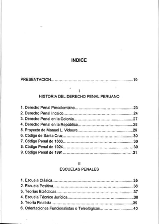 INDICE
PRESENTACION
I
HISTORIA DEL DERECHO PENAL PERUANO
1. Derecho Penal Precolombino... .....................23
2. Derecho Penal lncaico......... ......................24
3. Derecho Penalen la Colonia... ....................27
4. Derecho Penaler¡ la República ........28
5. Proyecto de Manuel L. Vidaure... .....................29
6. Código de $anta Cruz... ................30
7. Código Penalde 1863... ...................30
8. Código Penal de 1924... ..........30
9. Código Penal de 1991... .........31
il
ESCUELAS PENALES
1. Escuela Clásica... ..............35
2. Escuela'Positiva... ........36
3. Teorías Eclécticas... ..............37
4. Escuela Técnico Jurídica...... .....................38
5. Teoría Finalista... ......39
6. Orientaciones Funcionalistas o Teleológicas....................,,.......40
19
I
I
I
I
I
 
