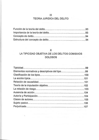 IX
TEORIA JURIDICA DEL DELITO
Función de la teoría del delito... ......93
lmportancia de la teoría deldelito... .......93
Concepto de delito... ............94
Estructura del concepto de delito.. ......94
X
LA TIPICIDAD OBJETIVA DE LOS DELITOS COMISIVOS
DOLOSOS
Tipicidad... .......................99
Elementosnormativosydescriptivosdeltipo.... ...,.......99
Clasificación de los tipos... ...........100
La acción típica... .........fi1
Relación de causalidad............ .............101
Teoría de la imputación objetiva ............102
La relacién de riesgo... .,......,.......103
Ausencia de acción... ........104
Autoría y Participación...... .........1A4
Clases de autores.. ......,...10S
Sujeto pasivo... .........106
Perjudicado ..........107
 