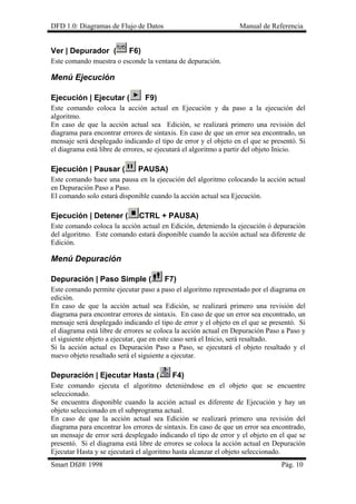 DFD 1.0: Diagramas de Flujo de Datos Manual de Referencia 
Ver | Depurador ( F6) 
Este comando muestra o esconde la ventana de depuración. 
Menú Ejecución 
Ejecución | Ejecutar ( F9) 
Este comando coloca la acción actual en Ejecución y da paso a la ejecución del algoritmo. 
En caso de que la acción actual sea Edición, se realizará primero una revisión del diagrama para encontrar errores de sintaxis. En caso de que un error sea encontrado, un mensaje será desplegado indicando el tipo de error y el objeto en el que se presentó. Si el diagrama está libre de errores, se ejecutará el algoritmo a partir del objeto Inicio. 
Ejecución | Pausar ( PAUSA) 
Este comando hace una pausa en la ejecución del algoritmo colocando la acción actual en Depuración Paso a Paso. 
El comando solo estará disponible cuando la acción actual sea Ejecución. 
Ejecución | Detener (CTRL + PAUSA) 
Este comando coloca la acción actual en Edición, deteniendo la ejecución ó depuración del algoritmo. Este comando estará disponible cuando la acción actual sea diferente de Edición. 
Menú Depuración 
Depuración | Paso Simple ( F7) 
Este comando permite ejecutar paso a paso el algoritmo representado por el diagrama en edición. 
En caso de que la acción actual sea Edición, se realizará primero una revisión del diagrama para encontrar errores de sintaxis. En caso de que un error sea encontrado, un mensaje será desplegado indicando el tipo de error y el objeto en el que se presentó. Si el diagrama está libre de errores se coloca la acción actual en Depuración Paso a Paso y el siguiente objeto a ejecutar, que en este caso será el Inicio, será resaltado. 
Si la acción actual es Depuración Paso a Paso, se ejecutará el objeto resaltado y el nuevo objeto resaltado será el siguiente a ejecutar. 
Depuración | Ejecutar Hasta ( F4) 
Este comando ejecuta el algoritmo deteniéndose en el objeto que se encuentre seleccionado. 
Se encuentra disponible cuando la acción actual es diferente de Ejecución y hay un objeto seleccionado en el subprograma actual. 
En caso de que la acción actual sea Edición se realizará primero una revisión del diagrama para encontrar los errores de sintaxis. En caso de que un error sea encontrado, un mensaje de error será desplegado indicando el tipo de error y el objeto en el que se presentó. Si el diagrama está libre de errores se coloca la acción actual en Depuración Ejecutar Hasta y se ejecutará el algoritmo hasta alcanzar el objeto seleccionado. 
Smart Dfd® 1998 Pág. 10 
 