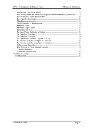 DFD 1.0: Diagramas de Flujo de Datos Manual de Referencia 
Llamado de Función no Válido..............................................................................25 
Los Índices Deben Ser Enteros No Negativos Menores O Iguales que 65535......25 
Los Parámetros Deben Ser Variables.....................................................................25 
Los Tipos No Coinciden.........................................................................................25 
Muy Pocos Argumentos.........................................................................................25 
No Se Encontró el Subprograma............................................................................26 
Operador Ilegal.......................................................................................................26 
Operador Lógico Ilegal...........................................................................................26 
Parámetro Repetido................................................................................................26 
Se Esperó ' para Delimitar la Cadena.....................................................................26 
Se Esperó un Operador...........................................................................................26 
Se Esperó un Operando..........................................................................................26 
Se Esperó una Constante Lógica (.V. ó .F.)...........................................................26 
Se Necesita un Valor Final para el Contador.........................................................26 
Se Necesita un Valor Inicial para el Contador.......................................................26 
Subprograma Repetido...........................................................................................26 
Uso Ilegal de la Coma o Falta Expresión...............................................................26 
Variable No Existe.................................................................................................27 
Variable No Inicializada.........................................................................................27 
Contrato de Licencia.......................................................................................................27 
COPYRIGHT.............................................................................................................28 
Smart Dfd® 1998 Pág. 4 
 