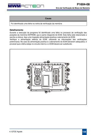 P1604-08 
Erro de Verificação de Bloco de Memória 
P1604-08 
P1614-08 
P1615-08 
Erro de Verificação de Bloco de Memória 
Causa 
Foi identificado uma falha na rotina de verificação da memória 
Detalhamento 
Durante a execução do porgrama foi identificado uma falha no processo de verificação das 
posições da memória EEPROM, que é parte integrante do ECM. Esta falha está relacionada a 
escrita ou leitura, faça uma inspeção alimentação positiva e aterramento do ECM. 
Verifique a alimentação elétrica do ECM, utilizando as informações das verificações 
preliminares. No caso da alimentação positiva e o aterramento do ECM estiverem adequados, é 
provável que a falha esteja no circuito interno e o ECM deverá ser substituído 
4.12TCE Agrale 159 
 