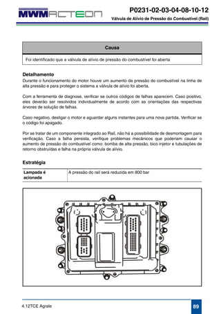 P0231-02-03-04-08-10-12 
Válvula de Alívio de Pressão do Combustível (Rail) 
P0231-02 
P0231-03 
P0231-04 
P0231-08 
P0231-10 
P0231-12 
Válvula de Alívio de Pressão do Combustível (Rail) 
Causa 
Foi identificado que a válvula de alívio de pressão do combustível foi aberta 
Detalhamento 
Durante o funcionamento do motor houve um aumento da pressão do combustível na linha de 
alta pressão e para proteger o sistema a válvula de alívio foi aberta. 
Com a ferramenta de diagnose, verificar se outros códigos de falhas aparecem. Caso positivo, 
eles deverão ser resolvidos individualmente de acordo com as orientações das respectivas 
árvores de solução de falhas. 
Caso negativo, desligar o motor e aguardar alguns instantes para uma nova partida. Verificar se 
o código foi apagado. 
Por se tratar de um componente integrado ao Rail, não há a possibilidade de desmontagem para 
verificação. Caso a falha persista, verifique problemas mecânicos que poderiam causar o 
aumento de pressão do combustível como: bomba de alta pressão, bico injetor e tubulações de 
retorno obstruídas e falha na própria válvula de alívio. 
Estratégia 
Lampada é 
acionada 
A pressão do rail será reduzida em 800 bar 
4.12TCE Agrale 89 
 