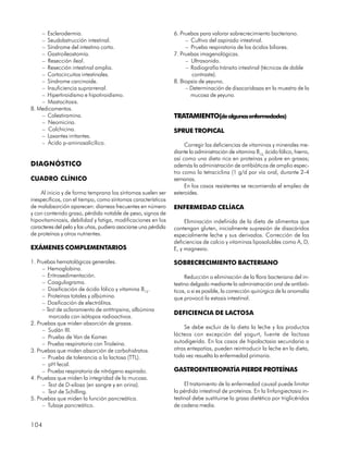 – Esclerodermia.                                            6. Pruebas para valorar sobrecrecimiento bacteriano.
    – Seudobstrucción intestinal.                                    – Cultivo del aspirado intestinal.
    – Síndrome del intestino corto.                                  – Prueba respiratoria de los ácidos biliares.
    – Gastroileostomía.                                         7. Pruebas imagenológicas.
    – Resección ileal.                                               – Ultrasonido.
    – Resección intestinal amplia.                                   – Radiografía tránsito intestinal (técnicas de doble
    – Cortocircuitos intestinales.                                      contraste).
    – Síndrome carcinoide.                                      8. Biopsia de yeyuno.
    – Insuficiencia suprarrenal.                                     – Determinación de disacaridasas en la muestra de la
    – Hipertiroidismo e hipotiroidismo.                                mucosa de yeyuno.
    – Mastocitosis.
8. Medicamentos.
    – Colestiramina.                                            TRATAMIENTO(de algunas enfermedades)
    – Neomicina.
    – Colchicina.                                               SPRUE TROPICAL
    – Laxantes irritantes.
    – Ácido p-aminosalicílico.                                       Corregir las deficiencias de vitaminas y minerales me-
                                                                diante la administración de vitamina B12, ácido fólico, hierro,
                                                                así como una dieta rica en proteínas y pobre en grasas;
DIAGNÓSTICO                                                     además la administración de antibióticos de amplio espec-
                                                                tro como la tetraciclina (1 g/d por vía oral, durante 2-4
CUADRO CLÍNICO                                                  semanas.
                                                                     En los casos resistentes se recomienda el empleo de
    Al inicio y de forma temprana los síntomas suelen ser       esteroides.
inespecíficos, con el tiempo, como síntomas característicos
de malabsorción aparecen: diarreas frecuentes en número         ENFERMEDAD CELÍACA
y con contenido graso, pérdida notable de peso, signos de
hipovitaminosis, debilidad y fatiga, modificaciones en los           Eliminación indefinida de la dieta de alimentos que
caracteres del pelo y las uñas, pudiera asociarse una pérdida   contengan gluten, inicialmente supresión de disacáridos
de proteínas y otros nutrientes.                                especialmente leche y sus derivados. Corrección de las
                                                                deficiencias de calcio y vitaminas liposolubles como A, D,
EXÁMENES COMPLEMENTARIOS                                        E, y magnesio.

1. Pruebas hematológicas generales.                             SOBRECRECIMIENTO BACTERIANO
     – Hemoglobina.
     – Eritrosedimentación.                                          Reducción o eliminación de la flora bacteriana del in-
     – Coagulograma.                                            testino delgado mediante la administración oral de antibió-
     – Dosificación de ácido fólico y vitamina B12.             ticos, o si es posible, la corrección quirúrgica de la anomalía
     – Proteínas totales y albúmina.                            que provocó la estasis intestinal.
     – Dosificación de electrólitos.
     – Test de aclaramiento de antitripsina, albúmina
                                                                DEFICIENCIA DE LACTOSA
        marcada con isótopos radioactivos.
2. Pruebas que miden absorción de grasas.
                                                                    Se debe excluir de la dieta la leche y los productos
     – Sudán III.
     – Prueba de Van de Kamer.                                  lácteos con excepción del yogurt, fuente de lactosa
     – Prueba respiratoria con Trioleína.                       autodigerida. En los casos de hipolactasia secundaria a
3. Pruebas que miden absorción de carbohidratos.                otras entepatías, pueden reintroducir la leche en la dieta,
     – Prueba de tolerancia a la lactosa (TTL).                 toda vez resuelta la enfermedad primaria.
     – pH fecal.
     – Prueba respiratoria de nitrógeno espirado.               GASTROENTEROPATÍA PIERDE PROTEÍNAS
4. Pruebas que miden la integridad de la mucosa.
     – Test de D-xilosa (en sangre y en orina).                      El tratamiento de la enfermedad causal puede limitar
     – Test de Schilling.                                       la pérdida intestinal de proteínas. En la linfangiectasia in-
5. Pruebas que miden la función pancreática.                    testinal debe sustituirse la grasa dietética por triglicéridos
     – Tubaje pancreático.                                      de cadena media.


104
 
