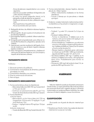 . Zonas de estenosis o espasticidad en uno o varios       3. Formas extraintestinales: absceso hepático, derrame
        segmentos.                                                 pleural, etc. Deben ingresar.
      . Lesiones que pueden establecer el diagnóstico de             – Utilizar medicamentos empleados en las formas
        colitis ulcerativa idiopática.                                 disentéricas.
     – En casos muy graves (megacolon tóxico), en la                 – Función y drenaje por vía percutánea o método
       radiografía simple de abdomen se observan:                      quirúrgico.
      . Distribución de aire en el colon y dilatación impor-
        tante.                                                  4. Ameboma: emplear tratamiento medicamentoso de for-
      . Neumoperitoneo si hay perforación.                         ma disentérica y si hay oclusión o invaginación o cirugía.
      . No se recomienda colon por enema.
                                                                Fármacos alternativos
 5. Radiografía de tórax: de utilidad en abscesos hepático
     y pulmonar.                                                     – Tinidazol: 1 g cada 12 h, durante 3 a 5 d por vía
 6. Ultrasonografía: de gran ayuda en la localización de                oral.
     los abscesos hepáticos.                                         – Omidazol: tabletas (500 mg).
 7. Gammagrafías hepática y cerebral: útiles en estas loca-            . Formas no disentéricas: 2 tabletas (una en la
     lizaciones.                                                         mañana y otra por la noche) ó 25 mg/kg en una
 8. Tomografía axial computadorizada: para utilizar en ca-               sola toma durante 5 a 10 d.
     sos de difícil localización y diagnóstico; ejemplo, toma
                                                                       . Formas disentéricas: 3 tabletas en una sola toma
     cerebral.
                                                                         nocturna o 40 mg/kg; si el peso es 60 kg adminis-
 9. Laparoscopia: permite visualización del hígado y la to-
     ma de muestra en caso de lesión hepática (absceso                   trar 4 tabletas divididas en 2 dosis (2 en la mañana
     hepático amebiano).                                                 y 2 en la noche) durante 3 d.
10. Otros: hemograma, eritrosedimentación, y fosfatasa al-             . Absceso hepático y disentería grave: administrar
     calina para las lesiones hepáticas, así como biopsia y              en infusión por vía EV 500-1 000 mg inicialmente,
     raspado de las lesiones cutáneas.                                   seguidos de 500 mg cada 12 h, de 3 a 6 d.
                                                                     – Secnidazol (tabletas 500 mg): 2 tabletas en la
                                                                        mañana y 2 tabletas en la noche, o 30 mg/kg/d en
TRATAMIENTO MÉDICO                                                      dosis única. Probablemente para formas no
                                                                        disentéricas.
Profiláctico                                                         – Cloroquina: 600 mg/d del producto base 2 d, se-
                                                                        guidos de 300 mg/d durante 15 d.
1. Educación sanitaria a la población.
2. Control de los manipuladores de alimentos y personal
   que trabaja con niños.
3. Control de los infectados y sus contactos.
4. Evitar la contaminación de vectores.
                                                                                    GIARDIASIS
5. Hervir el agua.

TRATAMIENTO MEDICAMENTOSO                                       CONCEPTO

1. Formas asintomáticas y leves (no disentéricas).                   Infección intestinal causada por el parásito protozooario
     – Metronidazol (elección) 500-750 mg 3 veces/d de 5        Giardia lambia. La mayor parte de las infecciones se produce
        a 10 d, por vía oral.                                   por transmisión fecal-oral o ingestión de agua o alimentos
     – Continuar con paramiomicina cada 8 h, por 7 d o          contaminados con quistes que liberan trofozoitos, los cuales
        furoato de dioxanida (furamida) 500 mg 3 veces/d.       colonizan el intestino delgado y causan los síntomas.
2. Formas disentéricas.
    a) Acción hística.
     – Metronidazol: acción hística (elección) 750 mg           CLASIFICACIÓN
        3 veces/d por 10 d vía oral o 15 mg/kg en 1 h, por
        vía EV lento por 10 d.                                      De acuerdo con el grado de afección intestinal que
     – Emetina: 1 mg/kg/d máximo 90 mg/d por 10 d por           produce:
        vía IM.
    b) Acción intraluminal.                                     1. Parasitismo por Giardia lambia: las pruebas de absorción
     – Furoato de diloxanida 500 mg 3 veces/d durante 10 d.        intestinal y la mucosa son normales.


110
 