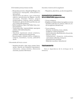 Enfermedades parenquimatosas renales                          Asociados a trastornos de la coagulación

    – Glomerulares primarias: nefropatía IgA (Berger), otras          – Plaquetarios, plasmáticos, uso de anticoagulantes.
      proliferativas mesangiales, endocapilares y
      extracapilares.
    – Glomerulares secundarias: lupus eritematoso                 DIAGNÓSTICO DIFERENCIAL
      sistémico, granulomatosis de Wagener, vasculitis            DE LA HEMATURIA (pigmenturias)
      necrosante, Shoenlein Henoch, púrpura
      trombocitopénica, síndrome urémico hemolítico,                  – Causas endógenas.
      Goodpasture, glomerulonefritis posinfecciosa, por               . Mioglobinuria (rabdomiolisis), hemoglobinuria (crisis
      shunt, endocarditis bacteriana.                                    hemolítica), bilirrubinuria, porfirias, melanuria, áci-
    – Nefritis hereditarias: Alport, Neil Patella, Fabry, mem-           do homogentísico (alcaptonuria).
      brana basal fina.
    – Tubuloinsterticiales: hipersensibilidad, espongiosis            – Causas exógenas.
      medular, enfermedad poliquística.                                 . Alimentos: remolachas, moras, ruibarbo.
    – Neoplasias.                                                       . Analgésicos: antipirina fenacetina.
    – Vasculares: hipertensión arterial, embolismo,                     . Anticonvulsivantes: difenilhidantoína, fensuximida.
      trombosis, malformaciones arteriovenosas.                         . Sedantes: sulfonal.
    – Necrosis papilar: diabetes mellitus, analgésicos,                 . Antibacterianos: rifampicina, nitrofurantoína,
      sicklemia, alcoholismo, traumas, pielonefritis                      metronidazol, sulfamidas, cloroquina.
      aguda.                                                            . Antiparkisonianos: levodopa.
                                                                        . Relajantes musculares: metocarbomol.
Enfermedades del tractus urinario

    – Neoplasias de pelvis, uréter, vejiga, próstata, litiasis,   TRATAMIENTO
      várices, infección por Shistosoma haematobium,
      radiaciones, cuerpos extraños, alteraciones                    Está en dependencia de la etiología de la
      vasculares, procesos inflamatorios.                         hematuria.




                                                                                                                          137
 