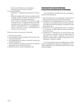 – Evitar los antiinflamatorios no esteroideos.              TRATAMIENTO SEGÚN PATRONES
     – Suplementos de vitaminas y minerales.                     EVOLUTIVOS DE RESPUESTA ESTEROIDEA
5. Inmunomoduladores.
     – Prednisona: 1 mg/kg de peso/d hasta las 16 sema-              Corticosensibles con recaídas frecuentes, corticodepen-
       nas.                                                      dientes y corticorresistentes
     – Evaluar la respuesta cada 4 semanas, si existe remisión
       completa se debe considerar la administración de          1. Asociar el tratamiento inmunodepresor, manteniendo la
       corticosensible e iniciar pauta descendente.                 dosis de 0,25 mg por kg de peso/d de esteroides.
     – En los casos de osteopenia o situación de riesgo          2. Ciclofosfamida: 2 mg/kg de peso/d por vía oral de 8 a
       (menopausia, etc.), o intolerancia hidrocarbonada,           12 semanas, calculando la dosis acumulativa para evi-
       se plantea sustituir por deflazacort, en dosis equiva-       tar los efectos secundarios (alopecia, azoospermia, cistitis
       lente de 1 mg de prednisona=1,5 mg de deflazacort,           hemorrágica, etc.).
       asociar vitamina D y calcio, principalmente en            3. Clorambucilo: 0,15 mg/kg de peso /d por vía oral de 8
       ancianos y en el climaterio.                                 a 12 semanas. Se debe vigilar la dosis acumulativa y
                                                                    forma leucocitaria.
Patrones evolutivos de respuesta al esteroide                    4. Ciclosporina A. 5 mg/kg/d por vía oral en 2 dosis cada
                                                                    12 h durante no más de 6 meses. Se debe evaluar la
1. Único brote y curación.                                          respuesta a los 3 meses y suspender en los casos de
2. Corticosensible: remisión completa en las primeras 16 se-        resistencia al tratamiento o cualquier efecto tóxico como
   manas de tratamiento.                                            hepatopatía, nefropatía, etcétera.
3. Corticodependiente: recaída en menos de 2 semanas de
   retirado el tratamiento                                            Si no hay respuesta a los inmunodepresores, se debe
4. Corticorresistente: persistencia del síndrome nefrótico       evaluar el tratamiento inadecuado o el diagnóstico incor-
   después de 16 semanas de tratamiento.                         recto, en este último caso, reevaluar la aplicación de nuevo
5. Recaída frecuente: más de 3 episodios al año.                 estudio histológico.




148
 