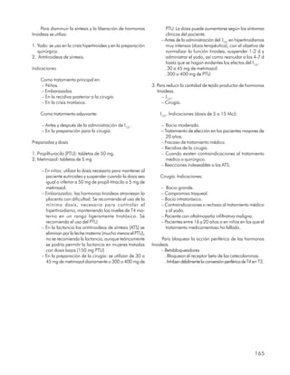 Para disminuir la síntesis y la liberación de hormonas              PTU. La dosis puede aumentarse según los síntomas
tiroideas se utiliza:                                                    clínicos del paciente.
                                                                      – Antes de la administración del I131 en hipertiroidismos
1. Yodo: se usa en la crisis hipertiroidea y en la preparación           muy intensos (dosis terapéutica), con el objetivo de
   quirúrgica.                                                           normalizar la función tiroidea, suspender 1-2 d y
2. Antitiroideos de síntesis.                                            administrar el yodo, así como reanudar a los 4-7 d
                                                                         hasta que se hagan evidentes los efectos del I131.
Indicaciones                                                            . 30 a 45 mg de metimazol.
                                                                        . 300 o 400 mg de PTU.
    Como tratamiento principal en:
    – Niños.                                                     3. Para reducir la cantidad de tejido productor de hormonas
    – Embarazadas.                                                  tiroideas.
    – En la recidiva posterior a la cirugía.                           – I131.
    – En la crisis tirotóxica.                                         – Cirugía.

    Como tratamiento adyuvante:                                       I131. Indicaciones (dosis de 5 a 15 Mci):

     – Antes y después de la administración de I131.                  – Bocio moderado.
     – En la preparación para la cirugía.                             – Tratamiento de elección en los pacientes mayores de
                                                                         20 años.
Preparados y dosis                                                    – Fracaso de tratamiento médico.
                                                                      – Recidiva de la cirugía.
1. Propiltiuracilo (PTU): tabletas de 50 mg.                          – Cuando existen contraindicaciones al tratamiento
2. Metimazol: tabletas de 5 mg                                           médico o quirúrgico.
                                                                      – Reacciones indeseables a los ATS.
     – En niños: utilizar la dosis necesaria para mantener al
       paciente eutiroideo y suspender cuando la dosis sea            Cirugía. Indicaciones:
       igual o inferior a 50 mg de propil-titracilo o 5 mg de
       metimazol.                                                     – Bocio grande.
     – Embarazadas: las hormonas tiroideas atraviesan la              – Compromiso traqueal.
       placenta con dificultad. Se recomienda el uso de la            – Bocio intratoráxico.
       mínima dosis, necesaria para controlar el                      – Contraindicaciones o rechazo al tratamiento médico
       hipertiroidismo, manteniendo los niveles de T4 ma-               y al yodo.
       terno en un rango ligeramente tirotóxico. Se                   – Paciente con oftalmopatía infiltrativa maligna.
       recomienda el uso del PTU.                                     – Pacientes entre 16 y 20 años o en niños en los que el
     – En la lactancia los antitiroideos de síntesis (ATS) se           tratamiento medicamentoso ha fallado.
       eliminan por la leche materna (mucho menos el PTU),
       no se recomienda la lactancia, aunque teóricamente              Para bloquear la acción periférica de las hormonas
       se podría permitir la lactancia en mujeres tratadas       tiroideas.
       con dosis bajas (150 mg PTU)                                    – Betabloqueadores
     – En la preparación de la cirugía: se utilizan de 30 a              . Bloquean el receptor beta de las catecolaminas.
       45 mg de metimazol diariamente o 300 o 400 mg de                  . Inhiben débilmente la conversión periférica de T4 en T3.




                                                                                                                             165
 