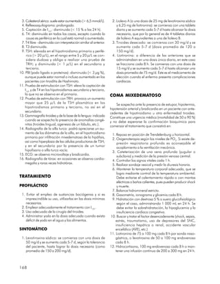 3. Colesterol sérico: suele estar aumentado (> 6,5 mmol/L).         2. Liolevo A (o una dosis de 25 mg de levotiroxina sódica
 4. Reflexoaquilograma: prolongado.                                     y 6,25 mg de liotironina): se comienza con una tableta
 5. Captación de I131: disminuida (< 15 % a las 24 h).                  diaria y se aumenta cada 5-7 d hasta alcanzar la dosis
 6. T4: disminuida en todos los casos, excepto cuando la                necesaria, que por lo general es de 4 tabletas diarias
     causa es periférica en la cual está normal o aumentada.            de liolevo A equivalentes a una de liolevo B.
 7. T4 libre - disminuida con interpretación similar al anterior.    3. Tiroides desecado: se comienza con 30 mg/d y se
 8. T3 disminuida.                                                      aumenta cada 5-7 d (dosis promedio de 120 a
 9. TSH: elevada en el hipotiroidismo primario y perifé-                150 mg/d).
     rico (> 20 µ/L), en el rango entre 5 y 20 µ/L se con-           4. Liotironina: a diferencia de las anteriores que se
     sidera dudosa y obliga a realizar una prueba de                    administraban en una dosis única diaria, en este caso
     TRH; y disminuida (< 1 µ/L) en el secundario y                     se fracciona cada 8 h. Se comienza con una dosis de
     terciario.                                                         15 mg/d y se aumenta cada 5-7 d hasta alcanzar una
10. PBI (yodo ligado a proteínas): disminuido (< 3 µg %),               dosis promedio de 75 mg/d. Este es el medicamento de
    aunque puede estar normal o incluso aumentado en los                elección cuando el enfermo presenta complicaciones
    pacientes con tiroiditis de Hashimoto.                              cardíacas.
11. Prueba de estimulación con TSH: eleva la captación de
    I131 y de T4 en los hipotiroidismos secundario y terciario,
    lo que no se observa en el primario.                            COMA MIXEDEMATOSO
12. Prueba de estimulación con TRH: provoca un aumento
    mayor que 25 µ/L de la TSH plasmática en los                        Se sospecha ante la presencia de estupor, hipotermia,
    hipotiroidismos primario y terciario, no así en el              hipotensión arterial y bradicardia en un paciente con ante-
    secundario.                                                     cedentes de hipotiroidismo u otra enfermedad tiroidea.
13. Gammagrafía tiroidea y de la base de la lengua: indicada        Constituye una urgencia médica (mortalidad de 50 a 90 %)
    cuando se sospecha la presencia de anomalías congé-             y no debe esperarse la confirmación bioquímica para
    nitas (tiroides lingual, agenesia de un lóbulo, etc.).          comenzar el tratamiento que consistirá en:
14. Radiografía de la silla turca: podrá apreciarse un au-
    mento de los diámetros de la silla, en el hipotiroidismo         1. Reposo en posición de Trendelenburg u horizontal.
    primario por infiltración mixedematosa de la hipófisis,          2. Oxigenoterapia según los niveles de PO2. Si existe de-
    así como hiperplasia de las células productoras de TSH;              presión respiratoria profunda es aconsejable el
    y en el secundario por la presencia de un tumor                      acoplamiento a la ventilación mecánica.
    hipofisario o silla turca vacía.                                 3. Cateterización de una vena profunda (yugular o
15. ECG: se observa microvoltaje y bradicardia.                          subclavia) y medición de la presión venosa central.
16. Radiografía de tórax: en ocasiones se observa cardio-            4. Controlar los signos vitales cada 1 h.
    megalia y raras veces hidrotórax.                                5. Realizar sondaje vesical y medir la diuresis horaria.
                                                                     6. Mantener la temperatura corporal adecuada, que se
                                                                         logra mediante control de la temperatura ambiental.
TRATAMIENTO                                                              Debe evitarse el calentamiento rápido o con mantas
                                                                         eléctricas o baños calientes, pues pueden producir shock
PROFILÁCTICO                                                             y muerte.
                                                                     7. Balance hidromineral estricto.
 1. Evitar el empleo de sustancias bociógenas y si es                8. Gasometría, ionograma y glicemia cada 8 h.
    imprescindible su uso, utilizarlas en las dosis mínimas          9. Hidratación con dextrosa 5 % o suero glucofisiológico
    necesarias.                                                          según el caso, administrando 1 000 mL en 24 h. Se
 2. Emplear adecuadamente el tratamiento con I131.                       debe evitar la sobrehidratación, la hipoglucemia y la
 3. Uso adecuado de la cirugía del tiroides.                             insuficiencia cardíaca congestiva.
 4. Administrar yodo en la dosis adecuada cuando exista             10. Buscar y tratar el factor desencadenante (shock, sepsis,
    déficit de yodo en el agua y los alimentos.                         estrés, traumatismo, uso de depresores del SNC,
                                                                        insuficiencia hepática o renal, accidente vascular
SINTOMÁTICO                                                             encefálico (AVE), etc.)
                                                                    11. Liotironina de 75 a 100 mg cada 8 h por sonda naso-
 1. Levotiroxina sódica: se comienza con una dosis de                   gástrica, o levotiroxina de 50 a 100 mg endovenoso
    50 mg/d y se aumenta cada 5-7 d, según la tolerancia                cada 8 h.
    del paciente, hasta lograr la dosis necesaria (como             12. Hidrocortisona, 100 mg endovenoso cada 8 h o man-
    promedio de 150 a 200 mg/d).                                        tener una infusión continua de 200 a 300 mg en 24 h.



168
 