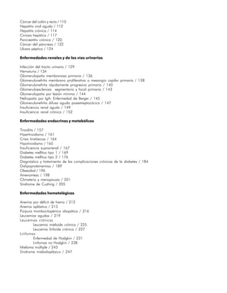 Cáncer del colón y recto / 110
Hepatitis viral aguda / 112
Hepatitis crónica / 114
Cirrosis hepática / 117
Pancreatitis crónica / 120
Cáncer del páncreas / 122
Ulcera péptica / 124

Enfermedades renales y de las vías urinarias

Infección del tracto urinario / 129
Hematuria / 134
Glomerulopatía membranosa primaria / 136
Glomerulonefritis membrano proliferativa o mesangio capilar primaria / 138
Glomerulonefritis rápidamente progresiva primaria / 140
Glomeruloesclerosis segmentaria y focal primaria / 143
Glomerulopatía por lesión mínima / 144
Nefropatía por IgA- Enfermedad de Berger / 145
Glomerulonefritis difusa aguda posestreptocócica / 147
Insuficiencia renal aguda / 149
Insuficiencia renal crónica / 152

Enfermedades endocrinas y metabólicas

Tiroiditis / 157
Hipertiroidismo / 161
Crisis tirotóxicas / 164
Hipotiroidismo / 165
Insuficiencia suprarrenal / 167
Diabetes mellitus tipo 1 / 169
Diabetes mellitus tipo 2 / 176
Diagnóstico y tratamiento de las complicaciones crónicas de la diabetes / 184
Dislipoproteinemias / 189
Obesidad / 196
Amenorreas / 198
Climaterio y menopausia / 201
Síndrome de Cushing / 205

Enfermedades hematológicas

Anemia por déficit de hierro / 212
Anemia aplástica / 213
Púrpura trombocitopénica idiopática / 216
Leucemias agudas / 219
Leucemias crónicas
        Leucemia mieloide crónica / 225
        Leucemia linfoide crónica / 227
Linfomas
        Enfermedad de Hodgkin / 231
        Linfomas no Hodgkin / 238
Mieloma múltiple / 243
Síndrome mielodisplásico / 247




18
 