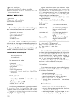 7. Reducir la mortalidad.                                           Grasas: restringir alimentos que contengan grasas
8. Tratar y controlar las enfermedades asociadas.             animales, ricas en ácidos grasos saturados y colesterol. La
9. Mejorar la calidad de vida en relación con las nuevas      proporción de grasa saturada debe ser menor que 10 % del
   condiciones de salud.                                      VCT, la de grasa poliinsaturada hasta 10 % y el resto de grasa
                                                              monoinsaturada. Es aconsejable un máximo de 300 mg/d de
MEDIDAS TERAPÉUTICAS                                          colesterol (yemas de huevo y vísceras).
                                                                    Alcohol: debe ser restringido (sobre todo si existen
1. Educación.                                                 triglicéridos elevados).
2. Tratamiento no farmacológico.                                    Sal: consumir en cantidad moderada (6-8 g).
3. Tratamiento farmacológico.
                                                              Estado nutricional
Educación                                                     del paciente               Cálculo del total de calorías

    Es esencial para optimizar el control metabólico y pre-   Sobrepeso (SP)             20-30 kcal/peso ideal (kg)/d
venir la aparición y progresión de las complicaciones.                                   (según actividad física que
                                                                                         realiza)
     – Individual y por grupos.                               Normopeso (NP)             30-40 kcal/peso ideal (kg)/d
     – Continuada y progresiva.                                                          (según actividad física que
     – Práctico-demostrativa.                                                            realiza)
     – Interactiva.                                           Bajo peso (BP)             40-45 kcal/peso ideal (kg)/d
     – Multidisciplinaria.                                                               (según actividad física que
                                                                                         realiza)
    Que facilite cambios de actitud del paciente ante su
enfermedad y su estilo de vida; que establezca una perma-     SP= peso actual > 10 % peso ideal,
nente y comprensiva (no tolerante) relación médico-pacien-    PI (kg)= talla (cm)-105 (fórmula de Broca),
te.                                                           BP= peso actual < 5 % peso ideal,
    Los contenidos deberán abarcar aspectos básicos de la     NP= resto
diabetes, su atención, complicaciones y tratamiento.
                                                                   Una vez calculado el total de calorías, se cubren con
Tratamiento no farmacológico                                  las proporciones de nutrientes ya señaladas y se confeccionan
                                                              los menús utilizando los modelos de intercambio de alimen-
      – Plan de alimentación.                                 tos elaborados en Cuba; también pudieran utilizarse los
      – Ejercicios físicos.                                   modelos confeccionados al efecto (ejemplo: 1 200,1 500
                                                              kcal, etc.) con los ajustes pertinentes en cada caso.
    Plan de alimentación: (dieta)                                  La dietista (si se dispone), puede facilitar esta labor y
                                                              garantizar la mejor comprensión del paciente.
     – Individual.
     – Cuantitativa-cualitativa.                              Ejercicios físicos
     – Fraccionada.
                                                                   Se considera como ejercicio, toda actividad física que
     – Uniforme.
                                                              produzca un mayor consumo de calorías y una modificación
     – Adecuada y dinámica.
                                                              de los hábitos y conductas.
     – Ajustada a la situación económica y disponibilidad
       de alimentos.                                               – Individual (preferencias).
                                                                   – Regular (mínimo de 3 veces/semana).
    Cálculo de la dieta:                                           – Aerobio (caminar, trotar, nadar, ciclismo, etc.).
                                                                   – Moderado (duración entre 30 y 60 min).
     – Carbohidratos: 55-60 % del valor calórico total             – Ajustado (edad, complicaciones y enfermedades
       (VCT).                                                         asociadas).
     – Proteínas: 15-20 % del VCT.
     – Grasas: 30-20 % del VCT.                                   Recomendaciones:

    Carbohidratos: preferentemente complejos y con eleva-          – Revisar los pies antes de cada actividad física.
do contenido en fibras dietéticas solubles (leguminosas,           – Consumir algún alimento antes de iniciar el ejercicio
vegetales y frutas con cáscara). Eliminar azúcares simples.          (sobre todo si utiliza insulina).
    Proteínas: no exceder requerimientos nutricionales             – La actividad física está contraindicada en los paci-
(1,2 g/kg de peso corporal al día)                                   entes con descontrol metabólico significativo.

180
 