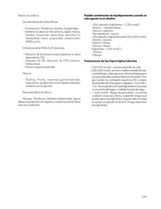 Efectos secundarios                                                 Posible combinacion de hipolipemiantes cuando un
                                                                    solo agente no es efectivo
    Secuestradores de ácidos biliares:
                                                                          – LDLc elevada y triglicéridos < 2,26 mmol/L.
     – Constipación. Flatulencia, náuseas. Epigastralgia.                 . Estatina + secuestradores.
     – Interfieren la absorción de warfarina, digital, tiroxina,          . Niacina+estatinas.
        tiazidas, furosemida, tetraciclina, penicilina G,                 . Secuestradores+niacina.
                                                                          – LDLc elevada y triglicéridos entre 2,26 y 5,63 mmol/L.
        fenobarbital, hierro, propranolol, acetaminofen,
                                                                          . Estatina+niacina.
        AINES y otros.                                                    . Estatina+fibrato.
                                                                          . Niacina+fibrato.
    Inhibidores de la HMG-CoA reductasa:                                – Triglicéridos ³ 5,64 mmol/ L.
                                                                          . Niacina.
     – Elevación de las transaminasas hepáticas no dosis                  . Fibratos.
        dependiente (1%).
     – Miopatia (0,1%). Elevación de CPK (creatino-                 Tratamiento de las hipertrigliceridemias
        fosfoquinasa).
     – Trastornos gastrointestinales.                                   – 1,69-2,25 mmol/L: cambios del estilo de vida.
                                                                        – 2,26-5,63 mmol/L: primero, modificar el estilo de vida:
    Niacina:                                                              control del peso, dieta, ejercicios, eliminar el tabaquismo
                                                                          y en pacientes seleccionados restricción alcohólica. Dro-
     – Flushing. Prurito, trastornos gastrointestinales,                  gas cuando hay cardiopatía isquémica (CI) o antece-
       hiperucemia, pruebas de función hepática elevadas,                 dente familiar de Cl temprana o colesterol > 6,2 y HDL<
       intolerancia a la glucosa.                                         1,3; o forma genética de hipertrigliceridemia asociada
                                                                          con aumento del riesgo o múltiples factores de riesgo.
    Derivados del ácido fíbrico:                                        – > 5,64 mmol/L: Riesgo de pancreatitis. Control de
                                                                          cualquier causa secundaria, suspender drogas que
     Náuseas. Flatulencia. Molestias abdominales, ligeras                 puedan elevar los triglicéridos. Imponer dieta muy baja
alteraciones de la función hepática, miositis raramente, litiasis         en grasas y suspender el alcohol. Drogas reductoras
vesicular (clofibrato).                                                   de triglicéridos.




                                                                                                                               197
 