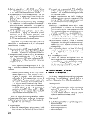 3. Cortisol plasmático (11:00 -12:00 p.m.). Valores                    b) Tomografía axial computadorizada (TAC) de hipófisis,
   < 138 nmol/L descartan la enfermedad y valores                          simple o contrastada: permite detectar un tumor
   > 207 nmol/L indican la presencia del síndrome.                         hipofisario y por ende reafirmar el diagnóstico de
4. Test de supresión nocturna con dexametasona (Dmx) 1mg                   enfermedad de Cushing.
   a las 11:00 p.m. y determinación de cortisol a las                  c) Resonancia magnética nuclear (RMN): cuando las
   8:00 a.m.Valores < 140 nmol/L descartan el síndrome                     pruebas bioquímicas orientan a una enfermedad de
   de Cushing.                                                             Cushing y la TAC de hipófisis es negativa. Esta prueba
5. Test de supresión con 2 mg de Dmx (0,5 mg cada 6 h por                  sirve para ratificar o rectificar ese diagnóstico.
   2 d). Determinación del cortisol plasmático basal y 6 h          2. Nivel adrenal.
   después de la última dosis de Dmx. Los pacientes con                a) Ultrasonido (US) de adrenales: permite definir el origen
   síndrome de Cushing tienen una supresión de cortisol                    tumoral (adenoma o carcinoma) del síndrome de
   menor que 50 %.                                                         Cushing. A veces permite sospechar enfermedad de
6. Test de supresión con 2 mg de Dmx + test de estimu-                     Cushing cuando existe un aumento de volumen no
   lación con CRH (1 mg/kg) 2 h después de la última                       tumoral de ambas adrenales (hiperplasia adrenal).
   administración de Dmx. Valores de cortisol plas-                     b) TAC de adrenales: a veces pone en evidencia lesiones
   mático> 40 nmol/L a los 15 min de la administración                     tumorales adrenales no detectadas por el ultrasonido
   de CRH son positivos de síndrome de Cushing.                            o ratifica las evidenciadas por ese proceder.
                                                                       c) RMN de adrenales: cuando el US y la TAC de adrenales
    Si se confirma el hipercortisolismo se debe definir si es              son negativas y hay marcadas evidencias bioquími-
dependiente o independiente de ACTH mediante las                           cas del origen adrenal del hipercortisolismo, se indi-
determinaciones siguientes:
                                                                           ca este proceder.
                                                                       d) Se ha utilizado la prueba con un análogo del colesterol
1. Determinación sérica de ACTH después de las 11: 00 p.m.
                                                                           marcado con radioisótopos: I131- 6 beta yodo metil
     – Niveles >10 pg/mL indican dependencia de ACTH.
                                                                           norcolesterol (NP-59). Su uso se ha limitado en los
     – Niveles < 5 pg/mL indican independencia de ACTH.
2. Test de estimulación con CRH (1 mg/kg EV). Se determi-                  últimos años.
   na ACTH y cortisol basal y a los 15, 30, 45, 60, 90, y           3. Nivel extra eje hipófiso-adrenal.
   120 min. El aumento > 50 % (sobre nivel basal de ACTH)              a) Cuando hay sospecha del origen ectópico del
   y > 20 % (sobre nivel basal de cortisol) indican de-                    hipercortisolismo se deben realizar estudios de rayos X
   pendencia de ACTH.                                                      en tórax, abdomen y huesos asociados a otros pro-
                                                                           cederes como US, TAC y RMN, para la localización
   Cuando existen indicios de dependencia de ACTH se                       del tumor ectópico productor de ACTH o CRH.
debe localizar el sitio de exceso de producción de ACTH
mediante:
                                                                    DIAGNÓSTICO HISTOLÓGICO
     – Test de supresión con 8 mg de Dmx (2 mg cada 6 h             E INMUNOHISTOQUÍMICO
        por 2 d): determinar el cortisol plasmático basal y a
        las 48 h. El descenso >50 % del cortisol indica                  Son pruebas que se realizan después del tratamiento
        enfermedad de Cushing y descarta el síndrome de             quirúrgico del Cushing (hipofisario o adrenal). Ratifican o
        ACTH ectópico. A veces es necesario realizar el test        rectifican el diagnóstico clínico del síndrome de Cushing.
        de supresión con Dmx con dosis más altas de 16, 32
        y 64 mg, para definir la enfermedad de Cushing.                  Nivel hipofisario:
     – Test de estimulación con CRH (1mg /kg): se determi-
        na ACTH basal y a los 15 y 30 min de la                          – Estudio inmunohistoquímico con anticuerpos
        administración de CRH. Valores de ACTH > 35 % a                    anti-ACTH para ratificar el diagnóstico de
        los 15 y 30 min con respecto al basal es 100 %                     enfermedad de Cushing.
        específico de la enfermedad de Cushing.                          – Se utiliza también el análisis del tejido tumoral
                                                                           hipofisario por microscopia electrónica.
     Junto con los test bioquímicos se realizan determi-
naciones imagenológicas para establecer el sitio de origen              Nivel adrenal:
del hipercortisolismo: hipofisario, adrenal o extraadrenal.
     Las pruebas más frecuentes son:                                    El estudio histológico ratifica los diagnósticos siguientes:
                                                                        – Hiperplasia simple.
1. Nivel hipofisario.                                                   – Hiperplasia macronodular.
   a) Rayos X de cráneo y silla turca: si hay aumento de la silla       – Hiperplasia micronodular.
      turca, orienta al origen hipofisario del hipercortisolismo.       – Adenoma adrenal.

208
 