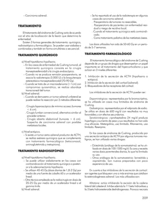 – Carcinoma adrenal.                                           – Se ha reportado el uso de la radioterapia en algunos
                                                                       casos de carcinoma adrenal.
                                                                      . Preoperatorio de tumores no resecables.
TRATAMIENTO                                                           . Posoperatorio de pacientes con enfermedad resi-
                                                                        dual o riesgo de recidiva local.
    El tratamiento del síndrome de Cushing varía de acuerdo           . Cuando el tratamiento quirúrgico está contraindi-
con el sitio de localización de la lesión que determina la              cado.
enfermedad.                                                           . Como tratamiento paliativo de las metástasis óseas.
    Existen 3 formas generales de tratamiento: quirúrgico,
radioisotópico y farmacológico. Se pueden usar aisladas o          Las dosis utilizadas han sido de 50-60 Gy en un perío-
combinadas y también en forma simultánea o secuencial.         do de 5-7 semanas.

TRATAMIENTO QUIRÚRGICO                                         TRATAMIENTO FARMACOLÓGICO

   a) Nivel hipotálamo-hipofisario.                                El tratamiento farmacológico del síndrome de Cushing
     – En los casos de enfermedad de Cushing tumoral, el       depende de un grupo de drogas que desempeñan un papel
       tratamiento quirúrgico consiste en la cirugía           importante en el tratamiento del hipercorticolismo y que
       transeptoesfenoidal o la cirugía endoscópica.           actúan en 3 niveles diferentes:
     – Cuando no se produce remisión posoperatoria, se
       asocia la radioterapia (5 000 U) o la braquiterapia     1. Inhibición de la secreción de ACTH (hipofisario o
       estereotáxica transeptoesfenoidal (70-90 Gy).              ectópico).
     – Cuando se trata de un macroadenoma (>1cm) con           2. Inhibición de la secreción del cortisol (adrenal).
       compromiso quiasmático, se realiza abordaje             3. Bloqueadores de los receptores del cortisol.
       transcraneal del tumor.
   b) Nivel adrenal.                                               Los inhibidores de la secreción de ACTH pueden ser:
     – Cuando se demuestra un tumor adrenal unilateral se
       puede realizar la resección por 3 métodos diferentes:        Dopaminérgicos: representados por la bromocriptina,
                                                               se ha utilizado en casos muy limitados de síndrome de
      . Cirugía laparoscópica de mínimo acceso (tumores        Cushing.
        < 6 cm).                                                    Gabaérgicos: representados por el valproato de sodio.
      . Cirugía lumbar convencional, alternativa similar al    Se utiliza en dosis de 600 mg/d con resultados no muy
        proceder anterior.                                     favorables y con efectos secundarios.
      . Cirugía abierta abdominal (tumores > 6 cm).                 Serotoninérgicos: ciproheptadina 24 mg/d produce
                                                               hiperfagia y aumento de peso y sus resultados no han sido
        Sospecha de carcinoma adrenal con posibles
                                                               muy eficaces. Metergolina, uso limitado. Ritanserina, uso
        metástasis locales.
                                                               limitado. Reserpina.
   c) Nivel ectópico.
                                                                    En los casos de síndrome de Cushing, producido por
     – Si existe un tumor extra-adrenal productor de ACTH,     una secreción ectópica de ACTH por algunos tumores ma-
       se realiza exéresis quirúrgica que se complementa       lignos, se han utilizado varias drogas:
       con tratamiento farmacológico (ketoconazol,
       aminoglutetimida y metopirona).                              – Octeótrida (análogo de la somatostatina): se ha uti-
                                                                      lizado en dosis de 100-1500 mg/d. Es cara y necesita
TRATAMIENTO RADIOISOTÓPICO                                            varias dosis parenterales diarias, lo que ha limitado
                                                                      su uso.
   a) Nivel hipotálamo-hipofisario.                                 – Otros análogos de la somatostatina: lanreótida y
     – Se puede utilizar aisladamente en los casos con                vapreótrida. Son nuevos preparados con poca
       contraindicación al tratamiento quirúrgico o posteri-          experiencia de uso.
       or a la adenomectomía hipofisaria.
     – Se utilizan 40-45 Gy (dosis diarias de 1,8-2 Gy) por         En cuanto a los inhibidores de la secreción de cortisol:
       medio de una fuente de cobalto 60 o un acelerador       son agentes que bloquean una o más enzimas que catalizan
       lineal.                                                 la esteroidogénesis adrenal. Los más utilizados son:
     – Otra técnica empleada es la radiocirugía en dosis de
       20-25 Gy por medio de un acelerador lineal o el              Mitotane: actúa inhibiendo la excisión de la cadena
       gamma knife.                                            lateral del colesterol. Inhibe además la 11 beta hidroxilasa y
   b) Nivel adrenal.                                           la 3 beta hidroxiesteroide deshidrogenasa. Provoca necrosis


                                                                                                                       209
 