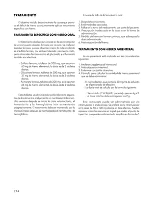 TRATAMIENTO                                                            Causas de fallo de la terapéutica oral:

    El objetivo inicial y básico es tratar la causa que provo-     1. Diagnóstico incorrecto.
ca el déficit de hierro y conjuntamente aplicar tratamiento        2. Enfermedades asociadas.
específico con hierro.                                             3. Fallos en la toma del medicamento por parte del paciente.
                                                                   4. Prescripción inadecuada en la dosis o en la forma de
                                                                      administración.
TRATAMIENTO ESPECÍFICO CON HIERRO ORAL
                                                                   5. Pérdida de hierro en forma continua, que sobrepasa la
                                                                      dosis administrada.
     El tratamiento de elección consiste en la administración      6. Mala absorción del hierro.
de un compuesto de sales ferrosas por vía oral. Se prefieren
las sales ferrosas, pues se absorben mejor; la más empleada
                                                                   TRATAMIENTO CON HIERRO PARENTERAL
es el sulfato ferroso, por ser bien tolerado y de menor costo,
pero otras sales ferrosas como el gluconato y el fumarato
también son efectivas.                                                  La vía parenteral está indicada en las circunstancias
                                                                   siguientes:
     – Sulfato ferroso, tabletas de 300 mg, que aportan            1. Intolerancia gástrica al hierro oral.
       60 mg de hierro elemental; la dosis es de 2 tabletas        2. Mala absorción intestinal.
       diarias.                                                    3. Enfermos con colitis ulcerativa.
     – Gluconato ferroso, tabletas de 300 mg, que aportan          4. Fórmula para calcular la cantidad de hierro parenteral
       37 mg de hierro elemental; la dosis es de 3 tabletas           que se debe administrar:
       diarias.
     – Fumarato ferroso, tabletas de 200 mg, que aportan                – El hierro dextrán, que contiene 50 mg/mL de solución
       65 mg de hierro elemental; la dosis es de 2 tabletas               es el preparado de elección.
       diarias.                                                         – La dosis total se calcula por la fórmula siguiente:

                                                                          . Hierro total= (15-Hb(d/dL) paciente) x peso en kg x 3.
    Estas tabletas se administrarán preferiblemente separa-               . La dosis total no debe sobrepasar los 2 g.
das de los alimentos, si el paciente no manifiesta intolerancia.
Una semana después se inicia la crisis reticulocitaria; el              Este compuesto puede ser administrado por vía
hematócrito y la hemoglobina irán aumentando                       intramuscular o endovenosa. Se prefiere la vía intramuscular
progresivamente. El tratamiento debe ser mantenido por lo          en la dosis de 50 a 100 mg diarios en días alternos. Pueden
menos 6 meses después de normalizados el hematócrito y la          aparecer manchas oscuras en la piel que rodea el punto de
hemoglobina.                                                       inyección, que pueden evitarse si esta se aplica en forma de Z.




214
 