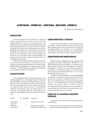 LEUCEMIAS CRÓNICAS: LEUCEMIA MIELOIDE CRÓNIC A
                                                                                             Dr. Guillermo Pérez Román


DEFINICIÓN

     La leucemia mieloide crónica (LMC) es una neoplasia        CARACTERÍSTICAS CLÍNICAS
clonal, que pertenece al grupo de los síndromes
mieloproliferativos crónicos, se caracteriza por una
                                                                     Los síntomas de presentación más frecuentes en la LMC
sobreproducción incontrolada de las células diferenciadas
                                                                son astenia, anorexia, pérdida de peso y sensación de
de la serie granulocítica. En más de 95 % de los casos en
                                                                plenitud abdominal, así como al examen físico la presencia
las células de la médula ósea, está presente una anomalía
                                                                de esplenomegalia. Sin embargo, en la actualidad se
citogenética característica: el cromosoma Ph1. Este es el re-
                                                                incrementa el número de pacientes que se diagnostican
sultado de una traslocación recíproca entre los brazos lar-
                                                                asintomáticos, durante el curso de un chequeo rutinario.
gos de los cromosomas 9 y 22, lo cual da lugar a la
formación de un gen híbrido denominado BCR/ABL y la
producción de una nueva proteína de fusión, p210, con           CARACTERÍSTICAS PARACLÍNICAS
actividad tirosino-quinasa.
     Hasta el momento ningún agente puede ser incriminado            Todos los casos en el diagnóstico tienen una leucocitosis
en la causa de la LMC, pero no hay dudas de que la              que puede variar desde 10 000 hasta 1 000 000 x mm3. La
exposición a las radiaciones ionizantes incrementan el riesgo   célula predominante es el neutrófilo, con presencia de to-
de desarrollar la enfermedad. Su incidencia es aproximada-      das las células de la línea granulopoyética, incluidos los
mente de 1 x 100 000 habitantes y representa 15 % de todos      mieloblastos; y también es común observar basofilia y
los casos diagnosticados como leucemia.                         eosinofilia. La trombocitosis se detecta en más de la mitad
                                                                de los enfermos y la trombocitopenia es rara. En un tercio
CLASIFICACIÓN                                                   de los pacientes hay anemia.
                                                                     La médula ósea es hipercelular, con marcada hiperplasia
                                                                granulocítica, y en ocasiones existe incremento de las fibras
      En la actualidad la LMC se clasifica de acuerdo con los
                                                                de reticulina. La relación mieloide-eritroide es de 15:1 a
estudios citogenéticos y de biología molecular. El gen de
                                                                20:1. Las anomalías bioquímicas más importantes en la LMC
fusión BCR/ABL puede ser encontrado en casos con carac-
terísticas clínicas y de laboratorio, típicas de la LMC pero    incluyen: una marcada reducción en el score de la fosfatasa
sin la presencia del cromosoma Ph1, y hay casos con for-        alcalina leucocitaria (FAL), incremento de las
mas atípicas de LMC que son tanto Ph1 como BCR/ABL              transcobalaminas I y III (producidas por los neutrófilos), in-
negativos; estos últimos tienen una historia natural, una       cremento de la vitamina B12 sérica e incremento de los nive-
evolución y un pronóstico diferente y recuerdan más un          les séricos de LDH, uratos y muramidasa
síndrome mielodisplástico (leucemia mielomonocítica cró-
nica).                                                          FASES DE LA LEUCEMIA MIELOIDE
                                                                CRÓNICA
Grupo           Ph 1 BCR/ABL       Pronóstico
                                                                     La evolución clínica de la enfermedad progresa a tra-
LMC clásica      +        +        Supervivencia 4 años         vés de 3 fases:
LMC Ph1 -,
BCR/ABL +        -        +        Supervivencia 4 años         1. Una fase inicial o fase crónica (duración media de 2 a
LMC atípica      -        -        Supervivencia 18-24 meses       5 años), relativamente indolente, con menos de 5 % de

                                                                                                                        227
 