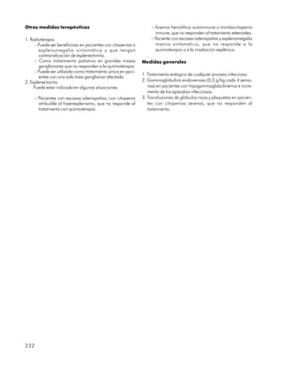 Otras medidas terapéuticas                                       – Anemia hemolitica autoinmune o trombocitopenia
                                                                   inmune, que no responden al tratamiento esteroideo.
1. Radioterapia.                                                 – Paciente con escasas adenopatías y esplenomegalia
     – Puede ser beneficioso en pacientes con citopenias o         masiva sintomática, que no responde a la
        esplenomegalia sintomática y que tengan                    quimioterapia o a la irradiación esplénica.
        contraindicación de esplenectomía.
     – Como tratamiento paliativo en grandes masas           Medidas generales
        ganglionares que no responden a la quimioterapia.
     – Puede ser utilizada como tratamiento único en paci-
                                                             1. Tratamiento enérgico de cualquier proceso infeccioso.
        entes con una sola área ganglionar afectada.
2. Esplenectomía.                                            2. Gammaglobulina endovenosa (0,5 g/kg cada 4 sema-
     Puede estar indicada en algunas situaciones:               nas) en pacientes con hipogammaglobulinemia e incre-
                                                                mento de los episodios infecciosos.
    – Pacientes con escasas adenopatías, con citopenia       3. Transfusiones de glóbulos rojos y plaquetas en pacien-
      atribuible al hiperesplenismo, que no responde al         tes con citopenias severas, que no responden al
      tratamiento con quimioterapia.                            tratamiento.




232
 