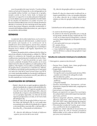 es en los ganglios de mayor tamaño. Cuando el diag-                     . III2: afección de ganglios pélvicos o paraaórticos.
nóstico se hace por la biopsia de un sitio extraganglionar es
aconsejable realizar también una biopsia de un ganglio,                     – Estadio IV: afección diseminada (multifocal) de un
excepto cuando no hay la menor duda. La biopsia por                           órgano extralinfático o más, con ganglios afectados
aspiración con aguja fina no es adecuada para el diagnósti-                   o sin ellos; afección de un órgano extralinfático
co inicial, debido a que no permite subclasificar la enfermedad.              aislada con afección ganglionar distante (no regio-
En los estudios de laboratorio se pueden encontrar con                        nal).
frecuencia diversas alteraciones como son eritrose-dimentación
elevada e incremento de otros reactantes de la fase aguda,
anemia, leucocitosis, linfopenia, eosinofilia, trombocitosis, in-
cremento de la fosfatasa alcalina leucocitaria, etc.; pero ninguno          Subclasificación de los estadios (aplicable a todos):
es característico de la entidad.
                                                                            – A: ausencia de síntomas generales.
                                                                            – B: presencia de síntomas generales (uno o más de
ESTADIOS                                                                       los siguientes: pérdida de peso inexplicada de 10 %
                                                                               o más, en 6 meses previos al diagnóstico, sudación
     La extensión de la enfermedad tiene una función fun-                      nocturna, fiebre inexplicada con temperatura mayor
damental en la selección del tratamiento. La determinación                     que 38 oC).
del estadio está basada en la combinación de la                             – E: sitio extranodal único por contigüidad.
estadificación clínica (interrogatorio, examen físico, estudios             – EC: estadio clínico.
de laboratorio y estudios imagenológicos) y la patológica                   – EP: estadio patológico.
(biopsias de la médula y del hígado, laparotomía con                        – x: masa mediastinal mayor que un tercio del diámetro
esplenectomía).                                                                máximo del tórax o cualquier área ganglionar mayor
     El sistema de estadios de la conferencia de Ann Arbor ha                  que 10 cm.
sido el más utilizado y ha demostrado su utilidad. En 1989 se
realizó la conferencia de Cotswold que planteó algunas                 Estudios de evaluación inicial para la estadiación
modificaciones importantes para la clasificación de Ann Arbor:
introducir el sufijo “x” para los pacientes con gran masa
tumoral y subdividir el estadio III de acuerdo con la toma             1. Interrogatorio: presencia de síntomas B.
abdominal en III1 (afección esplénica y/o adenopatías en hilio
esplénico, hilio hepático, troncos celíaco y portales) y III2 (toma         – Examen físico: hígado, bazo, áreas ganglionares
de ganglios ilíacos, paraaórticos o mesentéricos). Además,                     periféricas y anillo de Waldeyer.
la conferencia recomendó que los pacientes que no obtuvieran                – Imagenología.
una reducción total de la masa tumoral mayor que 90 %,                        . Radiografía simple de tórax.
con masas residuales estables por los estudios radiológicos,                  . Tomografía axial computadorizada de tórax (TAC):
la respuesta terapéutica se evaluaría como RC; esto último no                   si existen anomalías en la radiografía simple.
ha sido aceptado por muchos autores.                                          .TAC de abdomen y pelvis.
                                                                              . Ultrasonido de abdomen, pelvis y áreas ganglionares
CLASIFICACIÓN DE COTSWOLD                                                       periféricas.
                                                                              . Linfografía bipedal.
     – Estadio I: afección de una región ganglionar aislada (I) o           – Estudios hematológicos: hemograma, eritrose-
       afección localizada de un órgano o sitio extralinfático (IE).           dimentación, biopsia de médula ósea, coagulograma
     – Estadio II: afección de 2 regiones ganglionares o                       y fibrinógeno.
                                                                            – Laparoscopia con biopsia hepática.
       más del mismo lado del diafragma (II) o afección
                                                                            – Biopsia, por aspiración con aguja fina o quirúrgica,
       localizada de un órgano o sitio extralinfático asociado
                                                                               de cualquier lesión extranodal sospechosa (ejemplo:
       con sus ganglios regionales, con afección de otras
                                                                               piel, hueso, pulmón).
       regiones ganglionares o sin esta, en el mismo lado
                                                                            – Química sanguínea: glicemia, creatinina, uratos,
       del diafragma (IIE).
                                                                               albúmina, bilirrubina, calcio, fósforo, TGP TGO,
                                                                                                                           ,
     – Estadio III: afección de ganglios linfáticos hacia am-
                                                                               FAS, LDH, GGT, cobre y electroforesis de proteínas.
       bos lados del diafragma (III), lo cual puede estar
                                                                            – Estudios serológicos: VDRL, VIH, VHB, VHC, HTLV-I.
       acompañado por la afección localizada de un órgano                   – Otros estudios: prueba de Coombs, grupo sanguí-
       o sitio extralinfático asociado (IIIE), o del bazo (IIIS), o            neo, cuantificación de inmunoglobulinas.
       de ambos (IIIE+S). Este estadio se subdivide en:                     – Lapatotomía: estará indicada en los pacientes con
                                                                               estadio clínico IA y IIA sin factores pronósticos
       . III1: afección del abdomen limitada al abdomen                        desfavorables, en los cuales se valora la radiotera-
         superior, por encima de la vena renal.                                pia como único tratamiento.

234
 