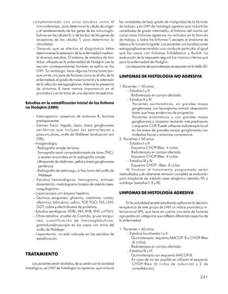 complementado con otros estudios como el                    las variedades de bajo grado de malignidad de la fórmula
       inmunofenotipo, para determinar la célula de origen       de trabajo; y en LNH de histología agresiva que incluirá las
       y el reordenamiento de los genes de las inmunoglo-        variedades de grado intermedio, el linfoma del manto así
       bulinas en las células B, o de los loci de los genes de   como otros linfomas agresivos no incluidos en la fórmula
       receptores de las células T, para determinar la           de trabajo, y todos los linfomas T, excepto el síndrome de
       clonalidad.                                               Sézary y la micosis fungoide. Los pacientes con localizaciones
     – Después que se efectúa el diagnóstico debe                extraganglionares tendrán una conducta particular al igual
       determinarse la extensión de la enfermedad median-        que los casos con linfomas linfoblástico y Burkitt. La
       te diversos estudios. El sistema de estadios de Ann       evaluación de la respuesta seguirá los mismos criterios que
       Arbor utilizado en la enfermedad de Hodgkin (ver la       para la enfermedad de Hodgkin.
       sección correspondiente) también se aplica en los              Los esquemas de quimioterapia se exponen en la tabla 30.
       LNH. Sin embargo, tiene algunas limitaciones por-
       que omite una serie de factores como es el sitio de la    LINFOMAS DE HISTOLOGÍA NO AGRESIVA
       enfermedad, el grado de masa tumoral y la extensión
       de la afección extraganglionar. Además la presencia
                                                                 1.Pacientes > 50 años.
       de síntomas B tiene menos importancia en el
                                                                      – Estadios I y II.
       pronóstico y en la toma de una decisión terapéutica.
                                                                        . Radioterapia en campo afectado.
                                                                      – Estadios II y IV.
Estudios en la estadificación inicial de los linfoma                    . Pacientes asintomáticos, sin grandes masas
no Hodqkin (LNH)                                                          ganglionares, con hemograma normal: observación
                                                                          hasta que haya evidencias de progresión.
     – Interrogatorio: presencia de síntomas B, factores                . Pacientes sintomáticos o con grandes masas
        predisponentes.                                                   ganglionares o citopenia: leukerán más prednisona
     – Examen físico: hígado, bazo, áreas ganglionares                    o esquema COP Puede utilizarse radioterapia local
                                                                                           .
        periféricas que incluyen las epitrocleares y                      en las áreas de grandes masas ganglionares con
        posauriculares, anillo de Waldeyer (evaluación por                molestias físicas o síntomas compresivos
        ORL).                                                    2. Pacientes £ 50 años.
     – Imagenología.                                                  – Estadios I y II.
       . Radiografía simple de tórax.                                   . Esquema CHOP-Bleo: 4 ciclos.
       . Tomografía axial computadorizada de tórax (TAC):               . Radioterapia en campo afectado.
         si existen anomalías en la radiografía simple.                 . Esquema CHOP-Bleo: 4 ciclos.
       . Ultrasonido de abdomen, pelvis y áreas ganglionares          – Estadios III y IV.
         periféricas.                                                   . Esquema CHOP –Bleo: 8 ciclos.
       . Radiografía de estómago, si hay toma del anillo de           Al finalizar el tratamiento programado serán
         Waldeyer.                                               reestudiados y de obtenerse remisión completa se evaluarán
     – Estudios hematológicos: hemograma, eritrose-              para trasplante de médula ósea alogénico (estadio IV) o
        dimentación, medulograma biopsia de médula ósea,         autólogo (estadios I, II y III).
        coagulograma.
     – Laparoscopia con biopsia hepática.                        LINFOMAS DE HISTOLOGÍA AGRESIVA
     – Química sanguínea: glicemia, creatinina, uratos,
        albúmina, bilirrubina, calcio, TGP TGO, FAS, LDH,
                                           ,                          En la actualidad se está estudiando aplicar en la decisión
        GGT, cobre y electroforesis de proteínas.                terapéutica de este grupo de LNH un índice pronóstico in-
     – Estudios serológicos: VDRL, VIH, VHB, VHC y HTLV-I.       ternacional (IPI), que tiene en cuenta una serie de factores
     – Otros estudios: prueba de Coombs, grupo sanguí-           agrupados en categorías que reflejan diferentes aspectos de
        neo, cuantificación de inmunoglobulinas,                 la enfermedad:
        gastroduodenoscopia en los casos con toma del
        anillo de Waldeyer.                                      1. Pacientes £ 60 años.
     – Laparotomía: no está indicada en los estudios de               – Estadios localizados I y II.
        estadificación.                                                 . Quimioterapia: esquema MACOP- B o CHOP-Bleo
                                                                          (6 ciclos).
                                                                        . Radioterapia en campo afectado.
                                                                      – Estadios III y IV.
TRATAMIENTO                                                             . Quimioterapia con esquema MACOP-B.
                                                                        . En caso de no ser posible se utilizará el esquema
     Los pacientes serán divididos, de acuerdo con la variedad            CHOP-Bleo (6 ciclos de inducción y 2 de
histológica, en LNH de histología no agresiva, que incluirá               consolidación).

                                                                                                                          241
 