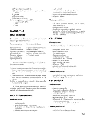 d) Angiopatía amiloide (10 %).                                       – Soplo cervical.
   e) Drogas: cocaína, anfetaminas, heparina, warfarina,                – Aparición durante el sueño o al despertar.
        etcétera.                                                       – Asociación con arteriopatía periférica.
   f) Tumores.                                                          – Asociación con aterosclerosis coronaria.
   g) Trauma cerebral.                                                  – ATI previo y clásico.
   h) Diátesis hemorrágica.
3. H emorragia subaracnoidea (HSA).                                 Criterios paraclínicos
      – Aneurismas (30-60%).
      – MAV.                                                            – TAC: lesión hipodensa mayor 1,5 cm, sin compo-
      – Otros.                                                            nente hemorrágico.
                                                                        – Ecocardiograma normal.
                                                                        – Doppler con obstrucción arterial por ateroma.
DIAGNÓSTICO                                                             – Angiografía: oclusión arterial por ateroma en “punta
                                                                          de lápiz” y signos de ateromatosis generalizada (va-
ICTUS ISQUÉMICO                                                           sos finos y tortuosos).

Las manifestaciones clínicas varían en relación con el territorio   ICTUS LACUNAR
vascular que esté comprometido.
                                                                    Criterios clínicos
Territorio carotídeo         Territorio vertebrobasilar
                                                                        Cuadro compatible con uno de los síndromes lacunares:
Soplos carotídeos           Soplos vertebrales o subclavios
Síntomas unilaterales       Expresión bilateral                         – Hemiparesis motora pura.
Disfunción hemisférica,     Disfunción de tallo cerebral                – Síndrome sensitivo puro.
alteración de las           (afección de los pares craneales)           – Hemiparesia-ataxia.
funciones psíquicas         y el cerebelo (ataxia)                      – Disartria mano torpe.
superiores: afasia,                                                     – Síndrome sensitivo-motor.
apraxia y amnesia                                                       – Asociación con HTA y diabetes.
                                                                        – Ausencia de soplo cervical.
    Según el perfil evolutivo, se distinguen los tipos de ictus         – Inicio nocturno o en vigilia.
isquémicos siguientes:                                                  – ATI previo (17 %).
                                                                        –Ausencia de afasia, apraxia y agnosia.
1. Ataque transitorio de isquemia (ATI), defecto neurológico            – Buen nivel de conciencia.
   focal de naturaleza vascular, presenta comienzo súbito y
   breve duración (nunca mayor que 24 h, con recuperación           Criterios paraclínicos
   total).
2. Defecto neurológico isquémico reversible (DNIR), defecto             – TAC o RMN normal o infarto menor que 1,5 cm.
   focal, que dura más de 24 h, pero desaparece a las 3 se-             – Doppler o angiografía normal.
   manas.
3. Ictus en progresión o en evolución. Si se desarrollan            ICTUS EMBÓLICO
   nuevos síntomas o signos.
                                                                    Criterios clínicos
    El período de progresión es de 48 h para el territorio
carotídeo y de 72 h para el vertebrobasilar; después de este            – Presentación en vigilia.
período se habla de ictus estabilizado.                                 – Presencia de cardiopatía embolígena.
                                                                        – Pérdida de la conciencia al inicio.
                                                                        – Convulsión al inicio.
ICTUS ATEROTROMBÓTICO                                                   – Presencia de embolismos sistémicos.
                                                                        – No antecedentes de ATI clásicos.
Criterios clínicos                                                      – ATI con más de 1 h de duración, ocurridos en 2 te-
                                                                           rritorios vasculares o más.
     – Edad avanzada.                                                   – Inicio súbito, máximo déficit desde el inicio.
     – Evolución progresiva e intermitente.
     – Asociación con HTA, diabetes, hiperlipidemia y               Criterios paraclínicos
       tabaquismo.
     – Ausencia de cardiopatía embolígena.                              – TAC: infarto hemorrágico o múltiple.

                                                                                                                        261
 