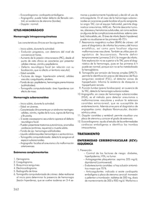 – Ecocardiograma: cardiopatía embolígena.                     manas y posteriormente hipodensa) y decidir el uso de
    – Angiografía: puede haber defecto de llenado cen-            anticoagulante. En el caso de la hemorragia subarac-
      tral, sin evidencia de ateroma (bordes).                    noidea en ocaciones puede localizar el punto sangrante.
    – Doppler: normal.                                            La angio TAC con el equipo helicoidal, permite diag-
                                                                  nosticar aneurismas, MAV, etc. Permite descartar tumo-
ICTUS HEMORRÁGICO                                                 res, abscesos y hematomas subdurales, así como esclare-
                                                                  ce algunas de las complicaciones evolutivas: edema cere-
Hemorragia intraparenquimatosa                                    bral, hidrocefalia, etc. El área de infarto (lesión hipodensa)
                                                                  puede no visualizarse en las primeras 48-72 h.
    Las características clínicas son las siguientes:             7. Resonancia magnética nuclear (RMN) de cráneo: útil
                                                                     para el diagnóstico de infartos lacunares y del tronco
    – Inicio súbito, durante la actividad.                           encefálico, así como para localizar algunas
    – Evolución progresiva, con deterioro del nivel de               malformaciones vasculares. También se utiliza para di-
       conciencia en horas.                                          agnóstico de leucoaraiosis. Permite definir
    – Aumento de la presión intracraneana (PIC), desde el            tempranamente ( primeras 2-6 h ) la imagen de infarto.
       punto de vista clínico se caracteriza por presentar           Esta exploración no es superior a la TAC para el diag-
       cefalea intensa, vómito y papiledema.                         nóstico de la hemorragia, pues en las primeras 6 h
    – Defecto neurológico focal (en relación con su                  puede ser normal, porque aún no se ha metabolizado
       localización, que no afecta un territorio vascular).          la hemoglobina.
    – Edad variable.                                             8. Tomografía por emisión de fotones simples (SPECT):
    – Factores de riesgo: hipertensión arterial, cefalea             permite la identificación precoz del descenso del flujo
       vascular, coagulopatía, etcétera.                             sanguíneo cerebral (FSC), al detectar zonas de
    – Fondo de ojo: papiledema, hemorragias prerre-tinianas          hipoperfusión. Informa la existencia de diasquisis o
       (subhialoidea).                                               hipoperfusión remota.
    – Tomografía computadorizada: área hiperdensa con            9. Punción lumbar (previa fondoscopia): en ausencia de
       efecto de masa.                                               la TAC, detecta la hemorragia subaracnoidea.
                                                                10 Angiografía: en casos de hemorragia subaracnoidea
Hemorragia subaracnoidea                                            (HSA), es el método para detectar aneurismas o
                                                                    malformaciones vasculares y evaluar la estenosis
    – Inicio súbito, durante la actividad.                          carotídea extracraneal, que es susceptible de
    – Edad: en jóvenes.                                             endarterectomía. Además sirve para el diagnóstico de
    – Caracterizada clínicamente por un síndrome meníngeo:          angiopatías como: displasia fibromuscular, discisión
       cefalea, vómito, rigidez de la nuca, signos de Kerning       aórtica y otras.
       y Bruzisnky.                                             11. Doppler carotídeo y vertebral: permite visualizar una
    – Si existe vasoespasmo secundario aparece el defecto           placa de ateroma y conocer el grado de estenosis.
       neurológico focal.                                       12. Ecocardiograma: ayuda al estudio de las enfermedades
    – Pueden presentarse trastornos autonómicos, anomalías          cardíacas embolígenas e identifica los trombos
       cardíacas (arritmias, isquemia) o muerte súbita.             intracavitarios.
    – Fondo de ojo: hemorragia subhialoidea.
    – Líquido cefalorraquídeo hemorrágico o xantocrómico.       TRATAMIENTO
    – Tomografia computadorizada: detecta la sangre en el
       espacio subaracnoideo.                                   ENFERMEDAD CEREBROVASCULAR (ECV):
    – Angiografía: localiza el aneurisma o la malformación      ISQUÉMICA
       arteriovenosa.
                                                                1. Prevención.
Exámenes complementarios                                               – Control de los factores de riesgo: diabetes,
                                                                        hiperlipidemia, HTA; no fumar.
1. Hemograma.                                                         – Antiagregantes plaquetarios: aspirina 325 mg/d;
2. Coagulograma.                                                        dipiridamol (controversial).
3. Bioquímica sanguínea.                                              – Endarterectomía carotídea: si hay oclusión sintomá-
4. Electrocardiograma.                                                  tica mayor que 70 %.
5. Radiografía de tórax                                               – Anticoagulantes: indicado si existe cardiopatía
6. Tomografía computadorizada de cráneo: debe realizarse                embolígena o placa de ateroma cervical: tromexán
   al inicio para determinar la presencia de hemorragia                 o pelentan o tromboxán: tabletas de 300 mg, dosis
   (lesión hiperdensa, que se vuelve isodensa en 3-4 se-                de mantenimiento de 300 a 900 mg/d. Warfarina o


262
 