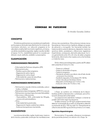 SÍNDROME DE PARKINSON
                                                                                             Dr Arnaldo González Zaldívar



CONCEPTO

     El síndrome parkinsoniano se caracteriza principalmente       clínicas más características. Otros síntomas motores menos
por la presencia de bradicinesia (lentitud en la iniciación de     frecuentes son: facie amímica, hipofonía, disfagia con exceso
movimiento voluntario, con reducción progresiva en la              de salivación y micrografia. Son frecuentes también los
velocidad y amplitud del movimiento repetitivo) y, al menos,       trastornos de la conducta (demencia, depresión), trastornos
una de las características siguientes: rigidez muscular, temblor   sensitivos (dolor, parestesias) y alteraciones vegetativas
al reposo 4-6 Hz, inestabilidad postural no causada por            (hiperhidrosis, constipación, dermatitis seborreica). Se ini-
disfusión visual, vestibular, cerebelar o propioceptiva.           cia generalmente entre 50 y 65 años de edad, progresa
                                                                   lentamente, afecta tanto a las mujeres como a los hombres
CLASIFICACIÓN                                                      y a todas las razas.

PARKINSONISMOS FRECUENTES                                              De los criterios para el diagnóstico positivo de EPI, deben
                                                                   estar presentes al menos 3 o más:
     – Enfermedad de Parkinson idiopática (EPI).
     – Parkinsonismo plus.