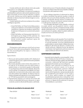 Si existe calcificación de la válvula mitral, esta puede        Modo bidimensional: El estudio del plano longitudinal
apreciarse en una radiografía simple de tórax.                       pone de manifiesto el abombamiento diastólico (hallazgo
     En la estenosis mitral existe un aumento en la resistencia      característico de la estenosis mitral).
arterial periférica pulmonar; este aumento aparece en primer
lugar en las bases, la trama vascular adquiere un aspecto              El otro hallazgo diagnóstico fundamental se obtiene
casi normal, mientras que anchos regueros arteriales se           en el plano transversal, que permite visualizar y medir el
extienden en abanico hacia los 2 vértices (imagen en corna-       diámetro intercomisural y el área diastólica valvular mitral.
menta de ciervo).                                                 El estudio combinado permite precisar la existencia de
     Si existe hipertensión pulmonar se observan los cambios      engrosamiento, fibrosis o calcificación valvular, la afección
radiológicos siguientes:                                          o no del aparato subvalvular y el anillo.
                                                                       Con el empleo del doppler (color, pulsado y continuo)
     – Líneas B de Kerley: son líneas horizontales gruesas y      se puede calcular que el gradiente máximo y medio
       cortas que se observan comúnmente en los ángulos           transvalvular (mayor que 20 y 10 respectivamente), el área
       costofrénicos. Aparecen por el edema intersticial en       valvular mitral (menor que 1 cm2 si es severa) y si está asociada
       la estenosis mitral grave con aumento de la presión        una insuficiencia tricuspídea, obtener la presión sistólica es-
       capilar.                                                   timada en el tronco y la arteria pulmonar.
     – Líneas A de Kerley: son líneas gruesas hasta de 4 cm
       de longitud que se dirigen al hilio pulmonar. Se           Signos indirectos
       aprecian en la estenosis mitral grave y la crónica,
       donde también pueden aparecer signos de                         – Dilatación de la aurícula izquierda. Por el modo M es
       hemosiderosis pulmonar.                                           fácil de cuantificar el crecimiento anteroposterior de
                                                                         la aurícula izquierda, con el eco bidimensional se
ECOCARDIOGRAFÍA                                                          puede realizar su examen desde múltiples direcciones.
                                                                       – Dilatación del ventrículo derecho y cambios en la
    El diagnóstico de la estenosis mitral fue la primera                 válvula pulmonar. Mediante formas de estenosis
aplicación clínica de la ecocardiografía. Desde el punto                 mitral severa más hipertensión pulmonar severa, se
de vista ecocardiográfico los signos o criterios fun-                    observa dilatación del ventrículo derecho.
damentales son:
                                                                  CATETERISMO CARDÍACO
Signos directos
                                                                       – Izquierdo (ventriculografía y coronariografía): indica-
1. Disminución de la pendiente distólica (E-F). Mediante el               do en hombres de más de 40 años o menores, con
   modo M hay disminución o aplanamiento de la pendiente                  síntomas y factores de riesgo sugestivo de enfermedad
   (menor que 25 mm).                                                     coronaria o disfunción del ventrículo izquierdo
2. Movimiento diastólico anterior de la valva posterior. En               expresada clínicamente o por ecocardiograma.
   el modo M. En el individuo sano las valvas anterior y               – Derecho: tiene indicación en presencia de una
   posterior tienen un movimiento opuesto, la valva poste-                hipertensión pulmonar severa, en la que se
   rior se dirige hacia atrás durante la diástole, dibujando              sospecha una hipertensión pulmonar arteriolar
   una M invertida. En la estenosis mitral debido a la mayor              obliterativa, o ante la duda de que pueda ser
   amplitud de movimiento de la valva anterior, esta arrastra             reactiva dicha hipertensión, siempre que este estudio
   a la valva posterior hacia delante. Se observa mayor en                sea complemento para decidir o no la cirugía y,
   el plano paraesternal longitudinal con eco bidimensional,              por lo tanto, aplicar pruebas con oxígeno y/o
   en 10 % de los pacientes la valva es divergente.                       vasodilatadores (prostaciclina o tolazolina). En la
3. Engrosamiento valvular en el modo M: El aumento del                    hipertensión pulmonar reactiva el empleo de estas
   número y la densidad de los ecos valvares es un signo                  provoca un regreso de las presiones, lo que per-
   constante cuando la válvula está fibrosada o calcificada.              mite establecer un pronóstico.



Criterios de severidad en la estenosis mitral

     Área valvular                            Ligera                      Moderada                     Severa

                                              Mayor 1,5 cm2               1,5- 1 cm2                   menor 1 cm2

     Primer ruido                             Normal o fuerte             Fuerte                       Muy fuerte

56
 
