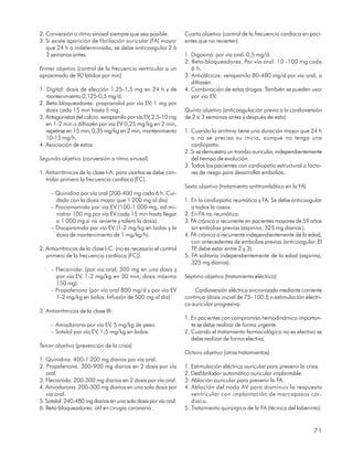 2. Conversión a ritmo sinosal siempre que sea posible.           Cuarto objetivo (control de la frecuencia cardíaca en paci-
3. Si existe aparición de fibrilación auricular (FA) mayor       entes que no revierten)
   que 24 h o indeterminada, se debe anticoagular 2 ó
   3 semanas antes.                                              1. Digoxina: por vía oral. 0,5 mg/d.
                                                                 2. Beta-bloqueadores. Por vía oral. 10 -100 mg cada
Primer objetivo (control de la frecuencia ventricular a un          6 h.
aproximado de 90 latidos por min)                                3. Anticálcicos: verapamilo 80-480 mg/d por vía oral, o
                                                                    diltiazén.
1. Digital: dosis de elección 1,25-1,5 mg en 24 h y de           4. Combinación de estas drogas. También se pueden usar
   mantenimiento 0,125-0,5 mg/d.                                    por vía EV.
2. Beta-bloqueadores: propranolol por vía EV, 1 mg por
   dosis cada 15 min hasta 5 mg.                                 Quinto objetivo (anticoagulación previa a la cardioversión
3. Antagonistas del calcio: verapamilo por vía EV, 2,5-10 mg     de 2 a 3 semanas antes y después de esta)
   en 1-2 min o diltiazén por vía EV 0,25 mg/kg en 2 min,
   repetirse en 15 min, 0,35 mg/kg en 2 min, mantenimiento       1. Cuando la arritmia tiene una duración mayor que 24 h
   10-15 mg/h.                                                      o no se precisa su inicio, aunque no tenga una
4. Asociación de estos.                                             cardiopatía.
                                                                 2. Si se demuestra un trombo auricular, independientemente
Segundo objetivo (conversión a ritmo sinusal)                       del tiempo de evolución.
                                                                 3. Todos los pacientes con cardiopatía estructural o facto-
1. Antiarrítmicos de la clase I-A: para usarlos se debe con-        res de riesgo para desarrollar embolias.
   trolar primero la frecuencia cardíaca (FC).
                                                                 Sexto objetivo (tratamiento antitrombótico en la FA)
     – Quinidina por vía oral (200-400 mg cada 6 h. Cui-
       dado con la dosis mayor que 1 200 mg al día)              1. En la cardiopatía reumática y FA. Se debe anticoagular
     – Procainamida por vía EV (100-1 000 mg, ad-mi-                a todos lo casos.
       nistrar 100 mg por vía EV cada 15 min hasta llegar        2. En FA no reumática:
       a 1 000 mg si no revierte y tolera la dosis).             3. FA crónica o recurrente en pacientes mayores de 59 años
     – Disopiramida por vía EV (1-2 mg/kg en bolos y la             sin embolias previas (aspirina, 325 mg diarios ).
       dosis de mantenimiento de 1 mg/kg/h).                     4. FA crónica o recurrente independientemente de la edad,
                                                                    con antecedentes de embolias previas (anticoagular. El
2. Antiarrítmicos de la clase I-C: (no es necesario el control      TP debe estar entre 2 y 3).
   primero de la frecuencia cardíaca [FC]).                      5. FA solitaria independientemente de la edad (aspirina,
                                                                    325 mg diarios).
     – Flecainida: (por vía oral, 300 mg en una dosis y
       por vía EV, 1-2 mg/kg en 30 min, dosis máxima             Séptimo objetivo (tratamiento eléctrico)
       150 mg).
     – Propafenona (por vía oral 800 mg/d y por vía EV               Cardioversión eléctrica sincronizada mediante corriente
       1-2 mg/kg en bolos. Infusión de 500 mg al día).           continua (dosis inicial de 75- 100 J) o estimulación eléctri-
                                                                 ca auricular progresiva:
3. Antiarrítmicos de la clase III:
                                                                 1. En pacientes con compromiso hemodinámico importan-
     – Amiodarona por vía EV, 5 mg/kg de peso.                      te se debe realizar de forma urgente.
     – Sotalol por vía EV, 1,5 mg/kg en bolos.                   2. Cuando el tratamiento farmacológico no es efectivo se
                                                                    debe realizar de forma electiva.
Tercer objetivo (prevención de la crisis)
                                                                 Octavo objetivo (otros tratamientos)
1. Quinidina. 400-1 200 mg diarios por vía oral.
2. Propafenona. 300-900 mg diarios en 2 dosis por vía            1. Estimulación eléctrica auricular para prevenir la crisis.
   oral.                                                         2. Desfibrilador automático auricular implantable.
3. Flecainida. 200-300 mg diarios en 2 dosis por vía oral.       3. Ablación auricular para prevenir la FA.
4. Amiodarona. 200-300 mg diarios en una sola dosis por          4. Ablación del nodo AV para disminuir la respuesta
   vía oral.                                                        ventricular con implantación de marcapasos car-
5. Sotalol. 240-480 mg diarios en una sola dosis por vía oral.      díaco.
6. Beta-bloqueadores: útil en cirugía coronaria .                5. Tratamiento quirúrgico de la FA (técnica del laberinto).


                                                                                                                          71
 