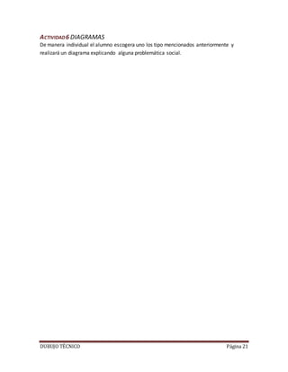 DUBUJO TÉCNICO Página 21
ACTIVIDAD6 DIAGRAMAS
De manera individual el alumno escogera uno los tipo mencionados anteriormente y
realizará un diagrama explicando alguna problemática social.
 