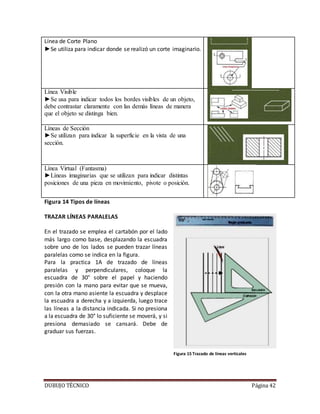 DUBUJO TÉCNICO Página 42
Línea de Corte Plano
►Se utiliza para indicar donde se realizó un corte imaginario.
Línea Visible
►Se usa para indicar todos los bordes visibles de un objeto,
debe contrastar claramente con las demás líneas de manera
que el objeto se distinga bien.
Líneas de Sección
►Se utilizan para indicar la superficie en la vista de una
sección.
Línea Virtual (Fantasma)
►Líneas imaginarias que se utilizan para indicar distintas
posiciones de una pieza en movimiento, pivote o posición.
Figura 14 Tipos de líneas
TRAZAR LÍNEAS PARALELAS
En el trazado se emplea el cartabón por el lado
más largo como base, desplazando la escuadra
sobre uno de los lados se pueden trazar líneas
paralelas como se indica en la figura.
Para la practica 1A de trazado de líneas
paralelas y perpendiculares, coloque la
escuadra de 30° sobre el papel y haciendo
presión con la mano para evitar que se mueva,
con la otra mano asiente la escuadra y desplace
la escuadra a derecha y a izquierda, luego trace
las líneas a la distancia indicada. Si no presiona
a la escuadra de 30° lo suficiente se moverá, y si
presiona demasiado se cansará. Debe de
graduar sus fuerzas.
Figura 15 Trazado de líneas verticales
 