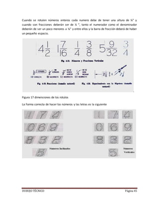 DUBUJO TÉCNICO Página 45
Cuando se rotulen números enteros cada numero debe de tener una altura de ⅛” y
cuando son fracciones deberán ser de ¼ ”, tanto el numerador como el denominador
deberán de ser un poco menores a ⅛” y entre ellos y la barra de fracción deberá de haber
un pequeño espacio.
Figura 17 dimensiones de los rotulos
La Forma correcta de hacer los números y las letras es la siguiente
 